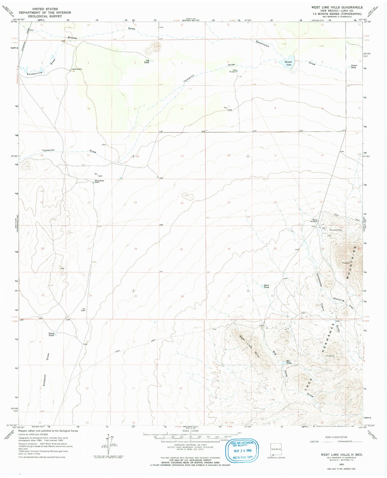 Classic USGS West Lime Hills New Mexico 7.5'x7.5' Topo Map Image