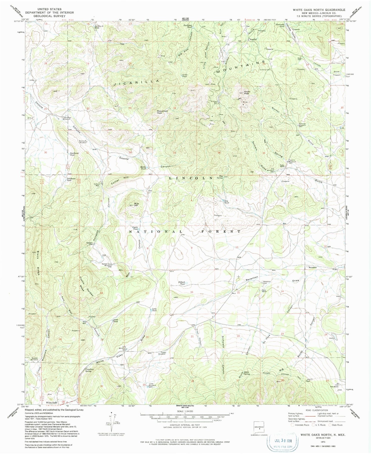 Classic USGS White Oaks North New Mexico 7.5'x7.5' Topo Map Image