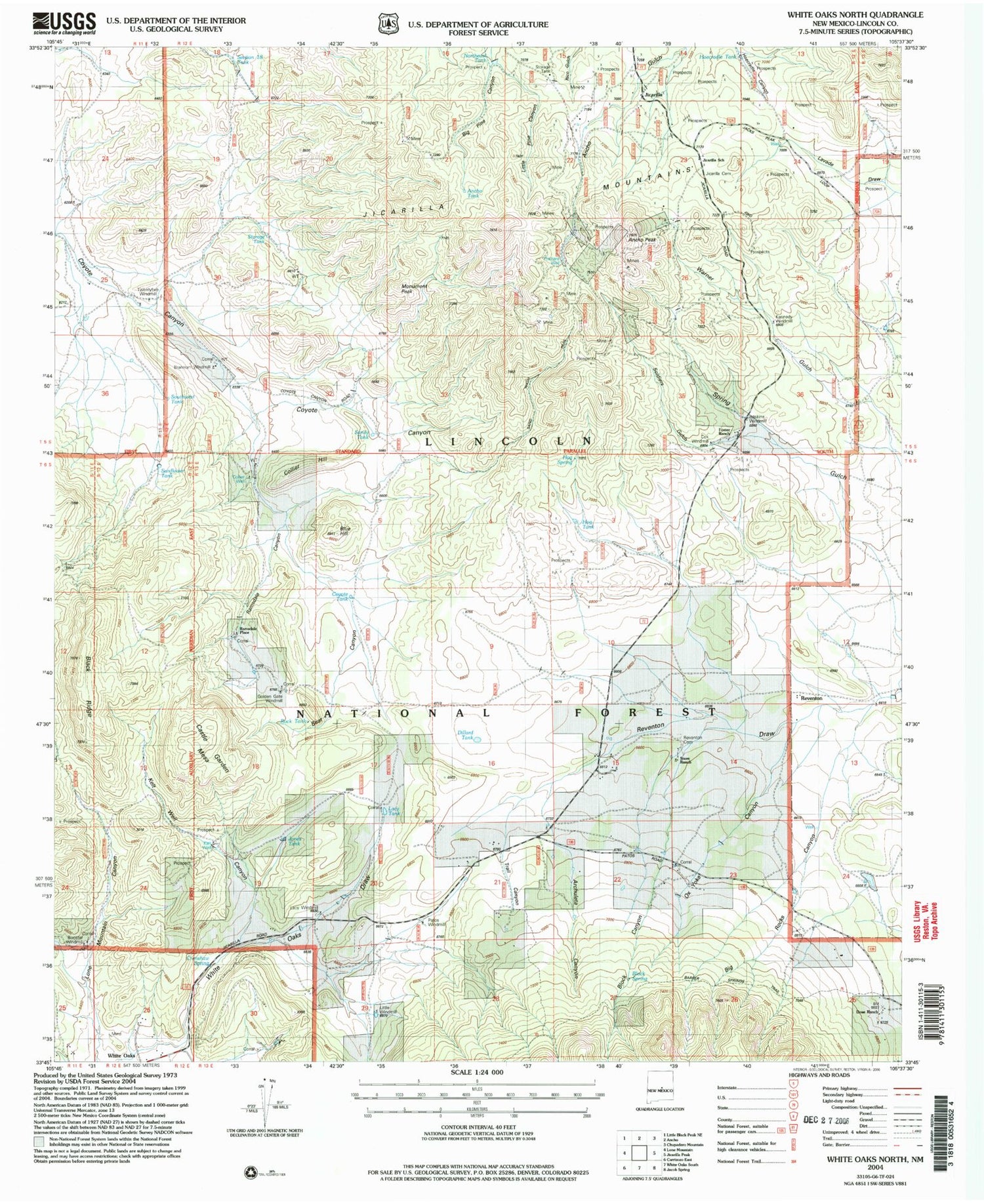Classic USGS White Oaks North New Mexico 7.5'x7.5' Topo Map Image
