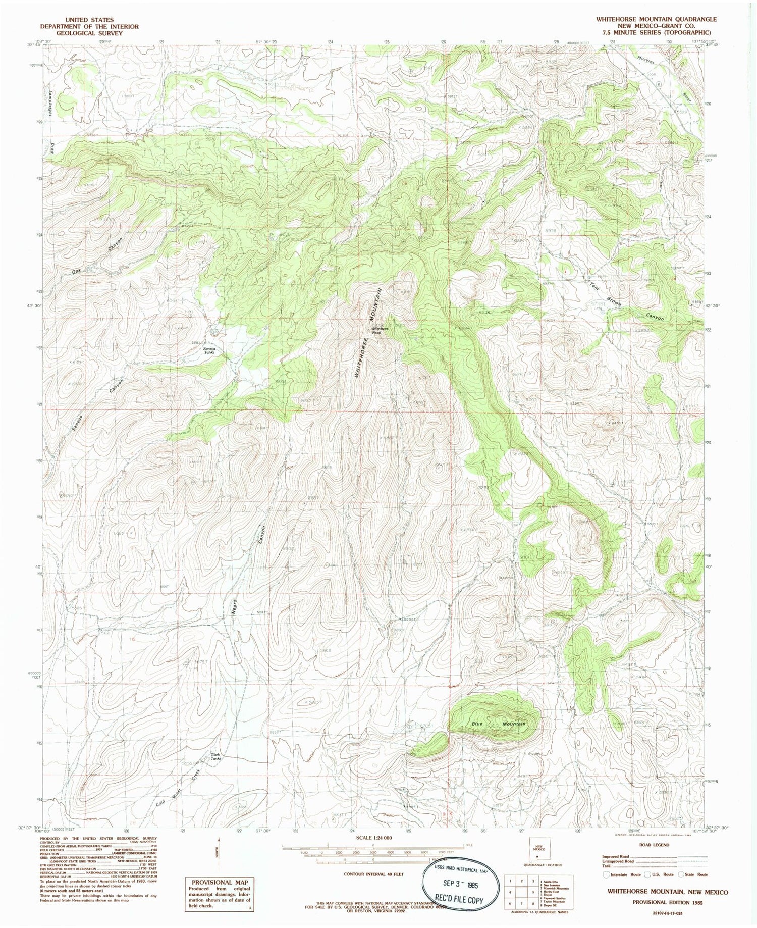 Classic USGS Whitehorse Mountain New Mexico 7.5'x7.5' Topo Map Image