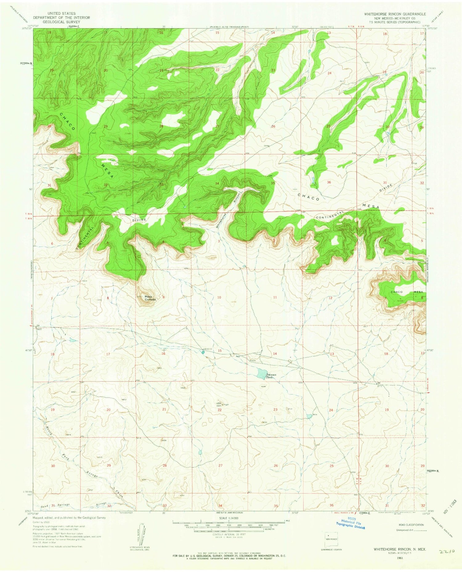 Classic USGS Whitehorse Rincon New Mexico 7.5'x7.5' Topo Map Image
