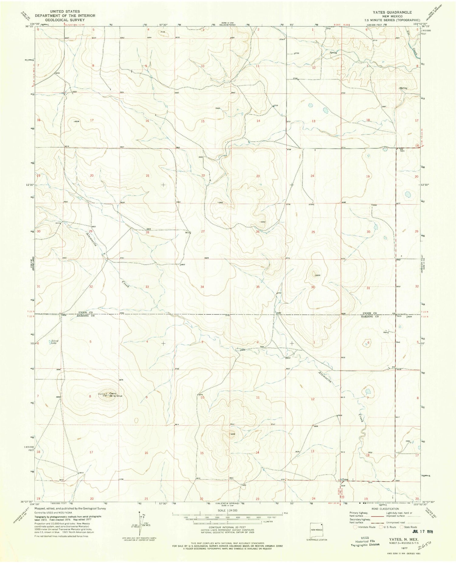 Classic USGS Yates New Mexico 7.5'x7.5' Topo Map Image