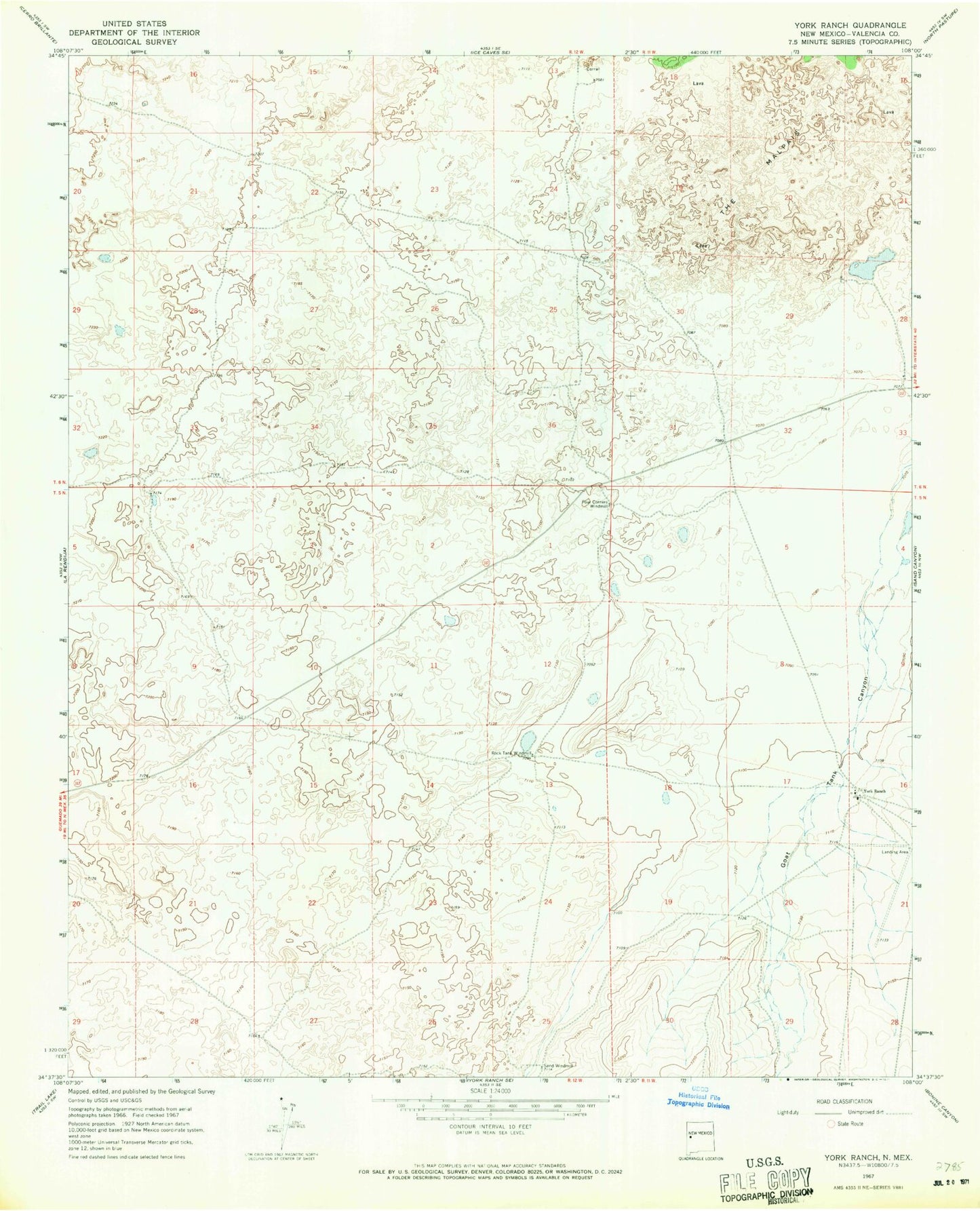 Classic USGS York Ranch New Mexico 7.5'x7.5' Topo Map Image