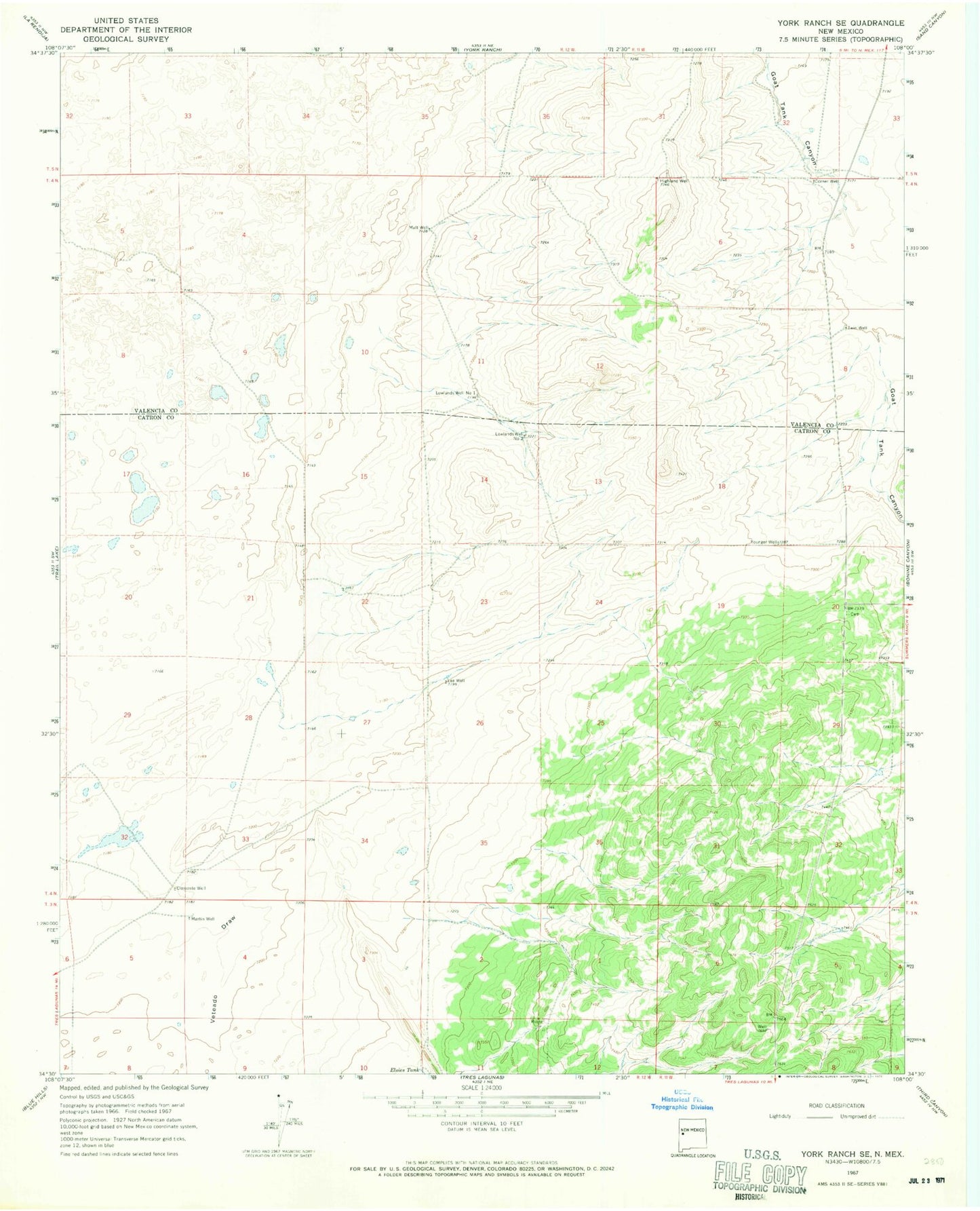 Classic USGS York Ranch SE New Mexico 7.5'x7.5' Topo Map Image