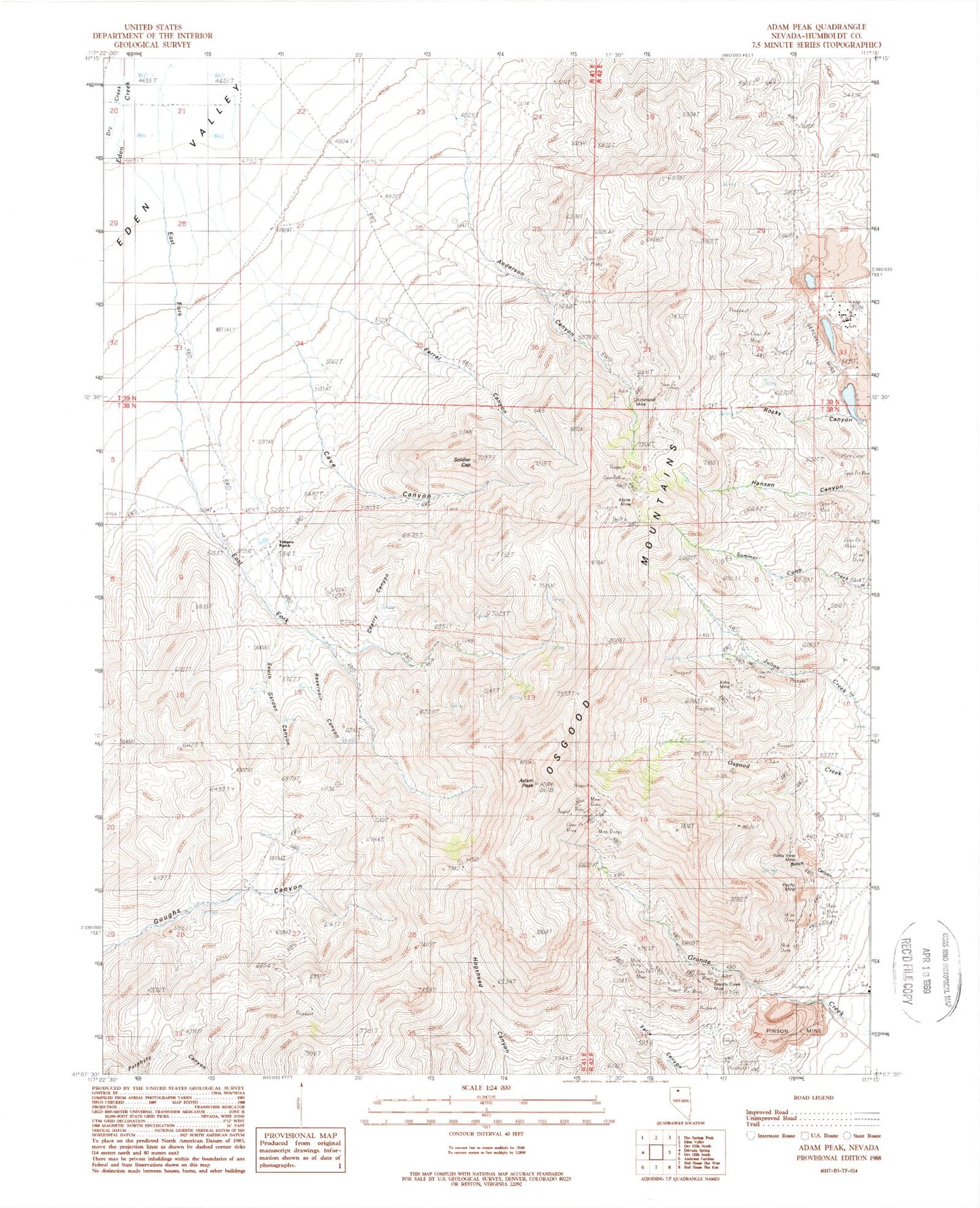Classic USGS Adam Peak Nevada 7.5'x7.5' Topo Map Image