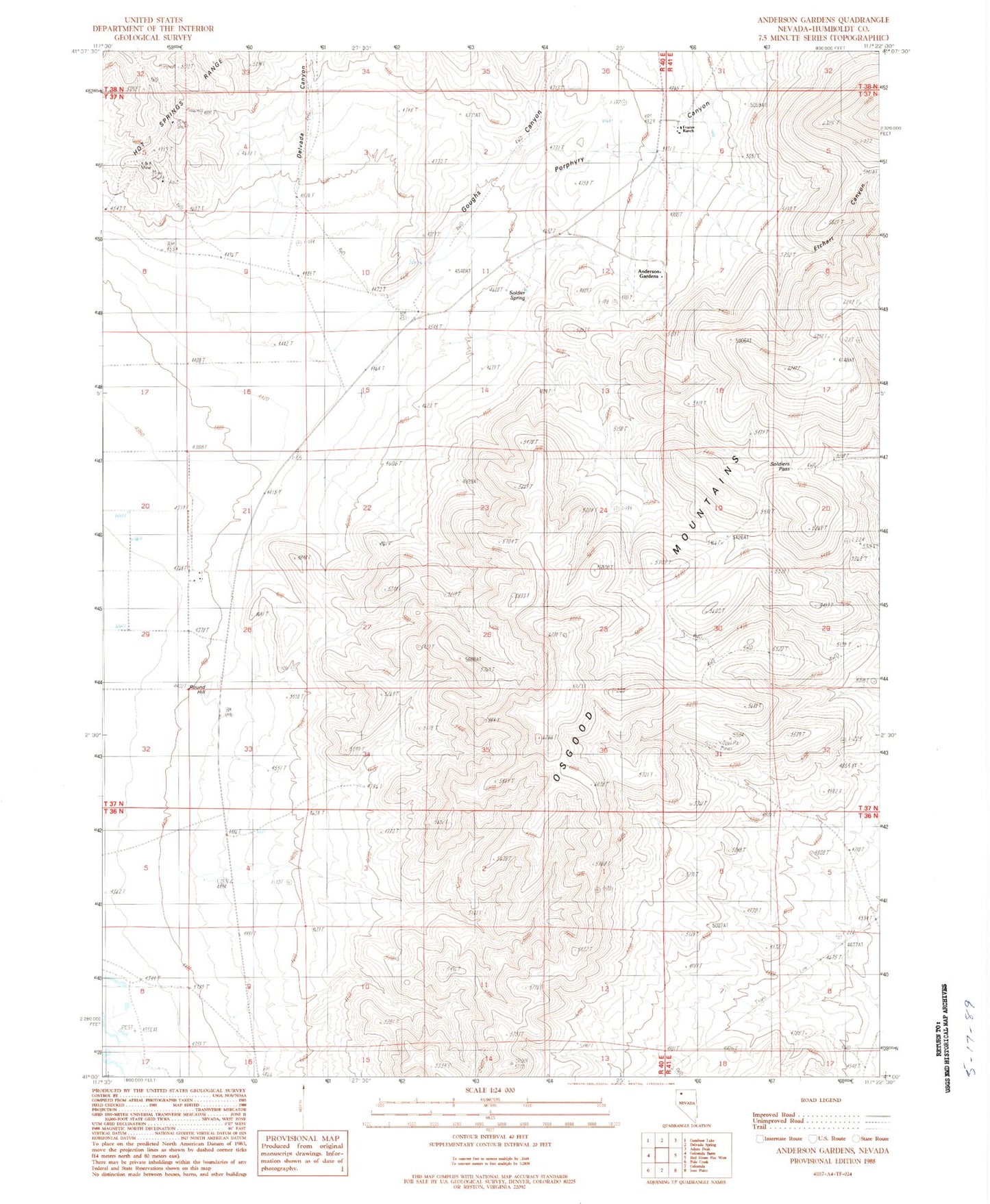 Classic USGS Anderson Gardens Nevada 7.5'x7.5' Topo Map Image