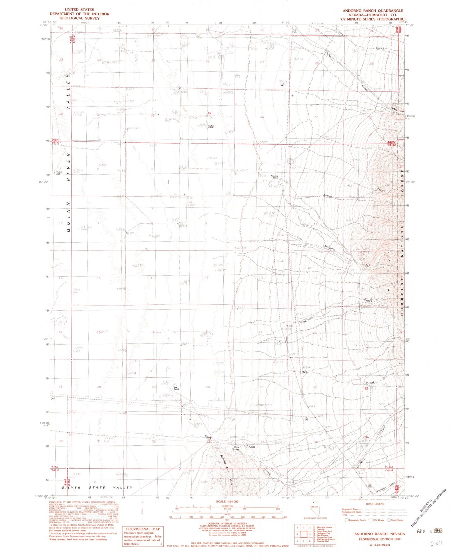 Classic USGS Andorno Ranch Nevada 7.5'x7.5' Topo Map Image