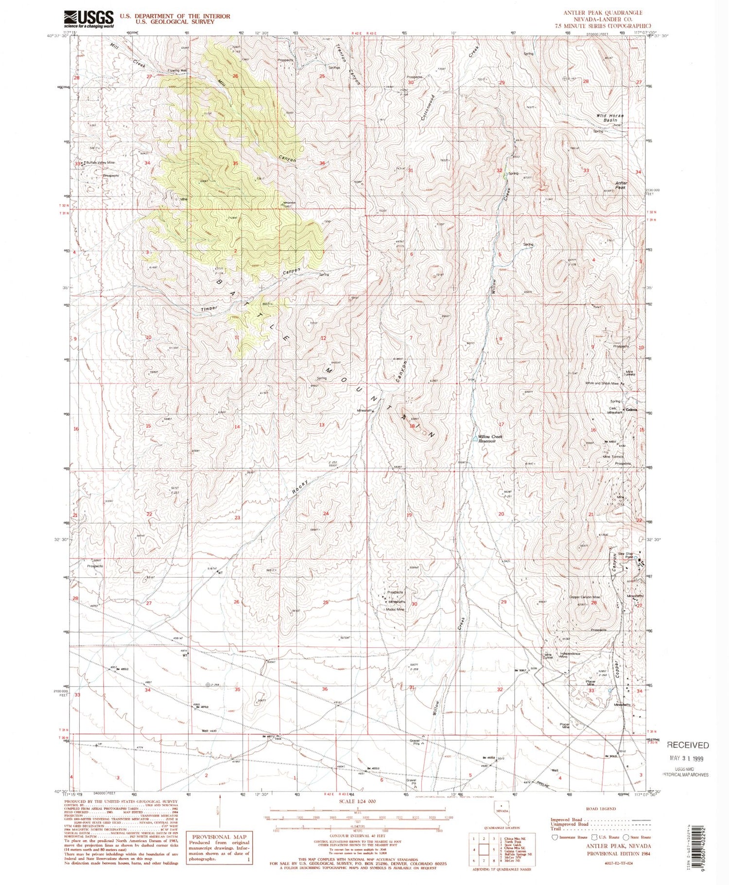 Classic USGS Antler Peak Nevada 7.5'x7.5' Topo Map Image