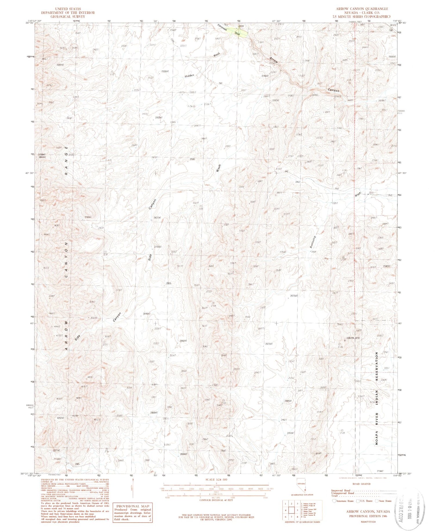 Classic USGS Arrow Canyon Nevada 7.5'x7.5' Topo Map Image