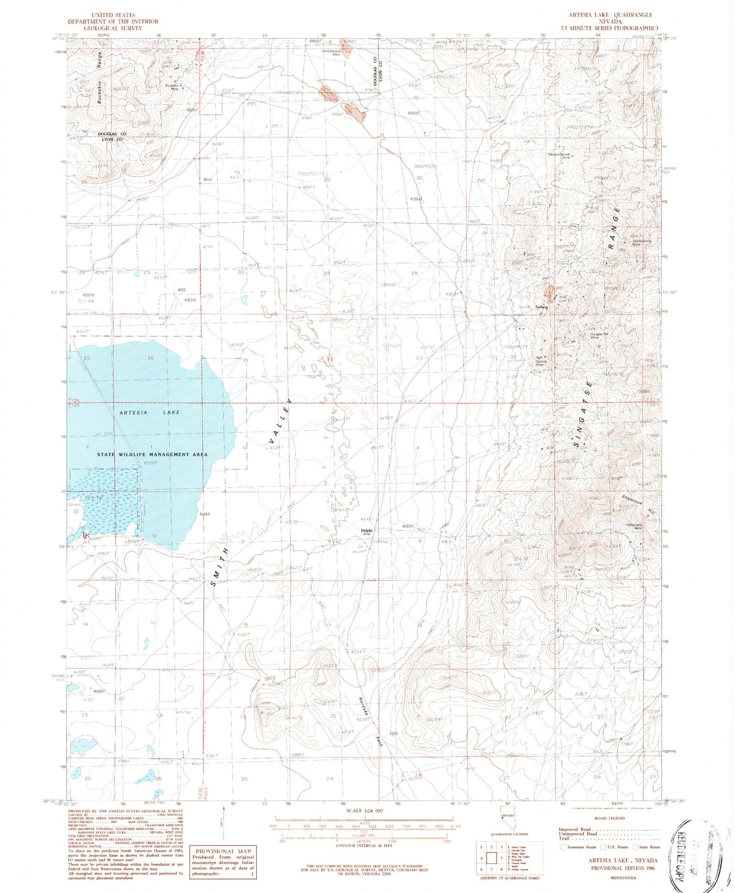 Classic USGS Artesia Lake Nevada 7.5'x7.5' Topo Map Image