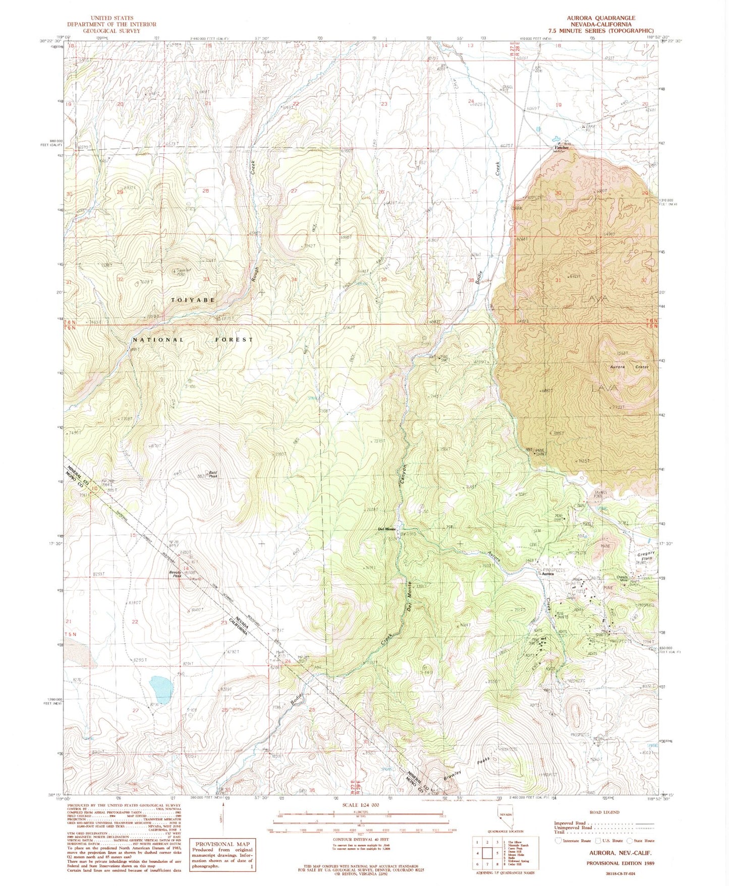 Classic USGS Aurora Nevada 7.5'x7.5' Topo Map Image