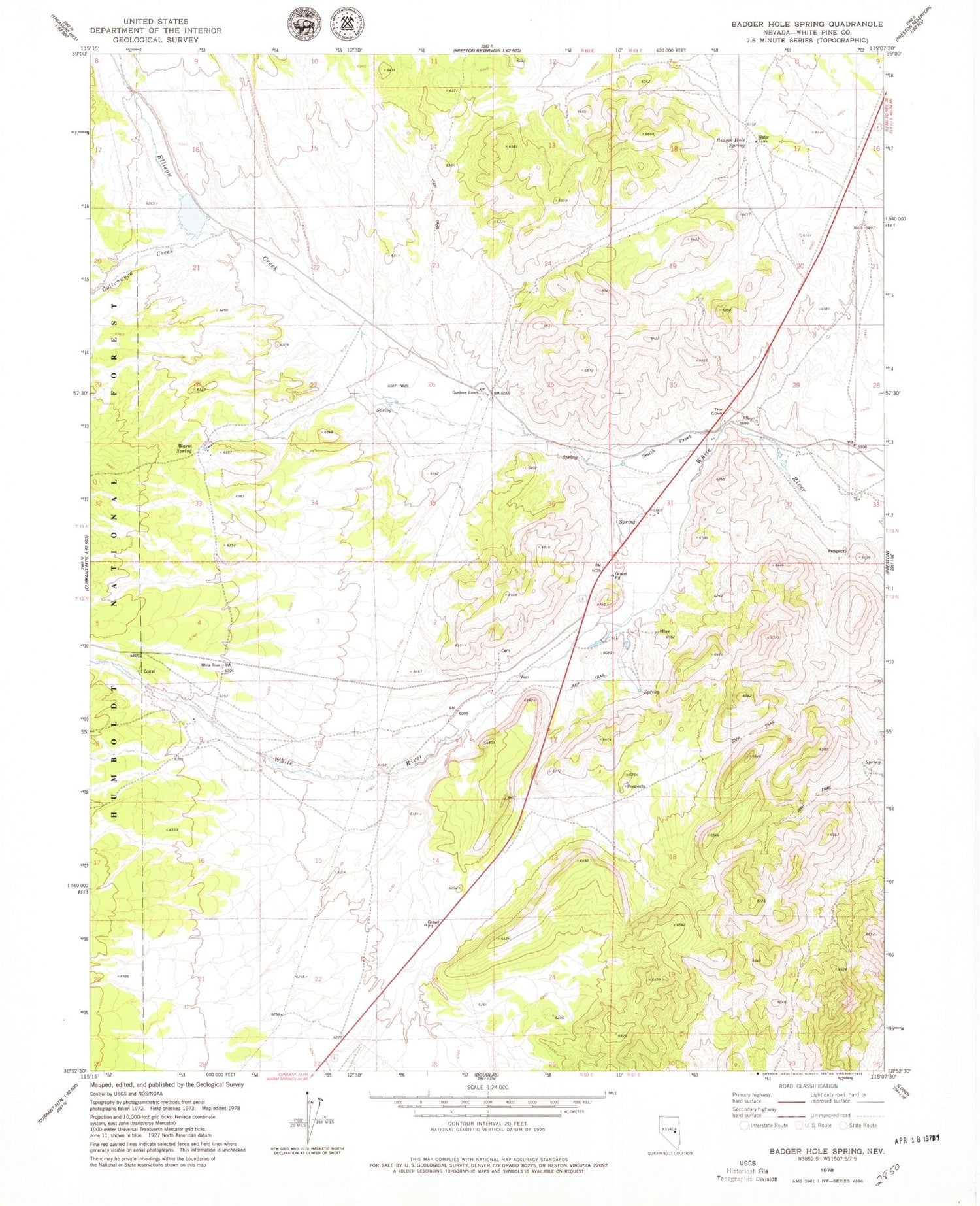 Classic USGS Badger Hole Spring Nevada 7.5'x7.5' Topo Map Image