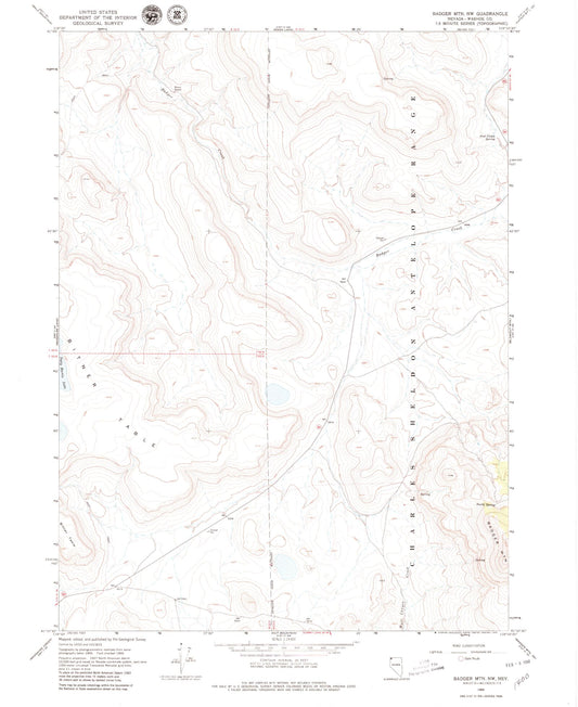 Classic USGS Badger Mountain NW Nevada 7.5'x7.5' Topo Map Image