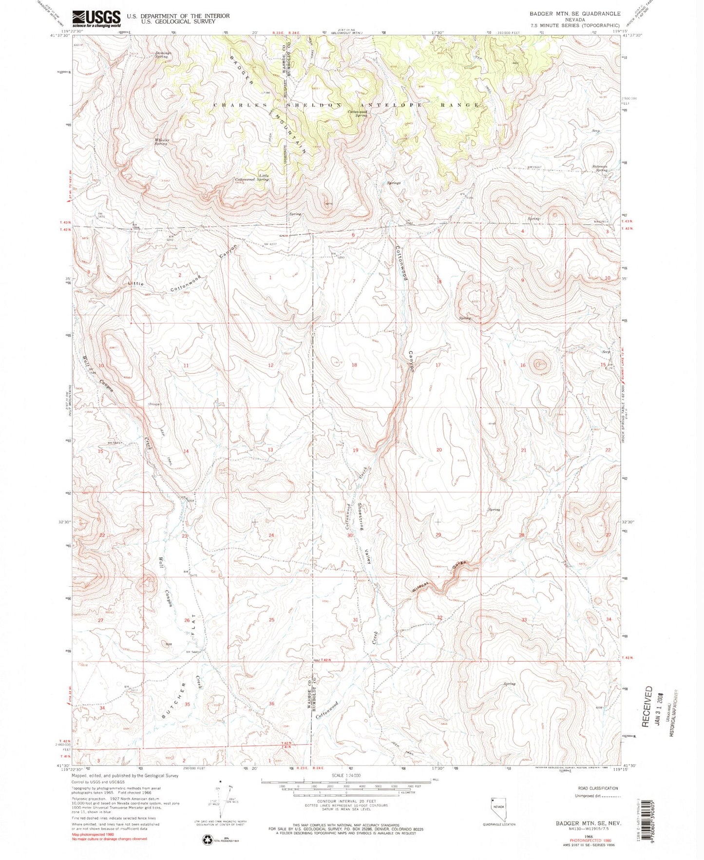 Classic USGS Badger Mountain SE Nevada 7.5'x7.5' Topo Map Image
