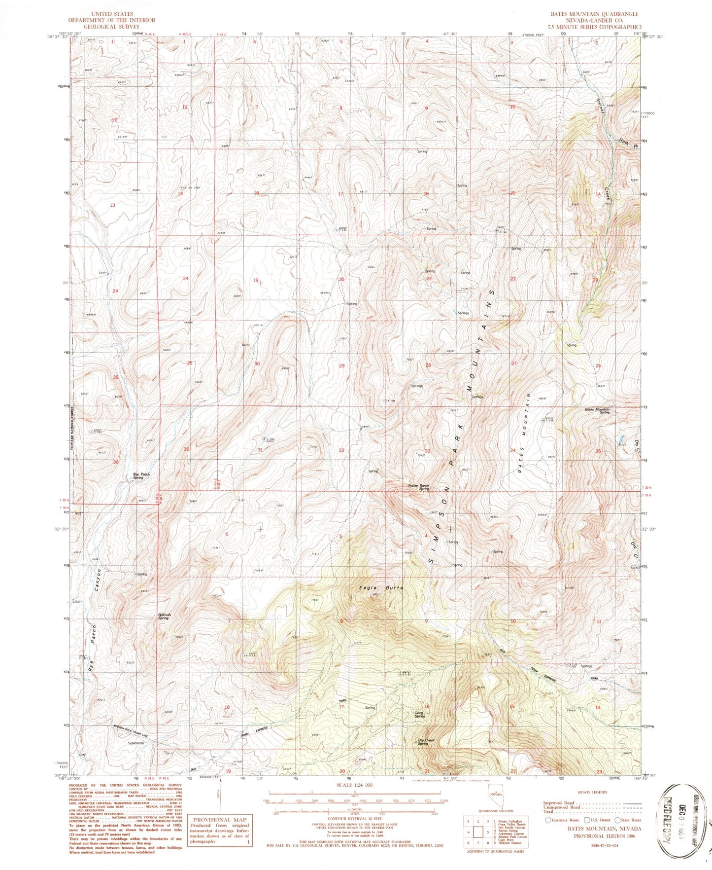 Classic USGS Bates Mountain Nevada 7.5'x7.5' Topo Map Image
