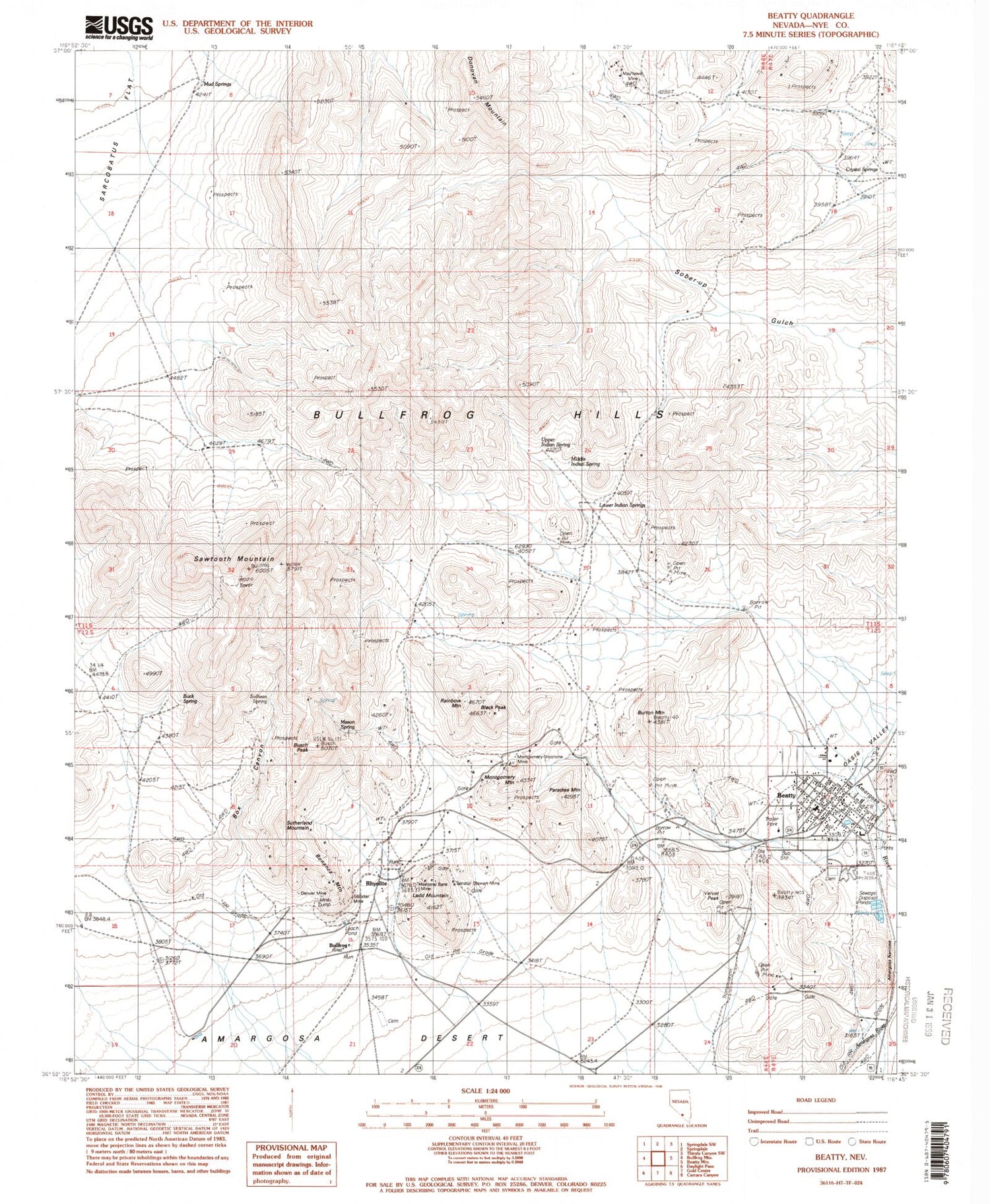 Classic USGS Beatty Nevada 7.5'x7.5' Topo Map Image