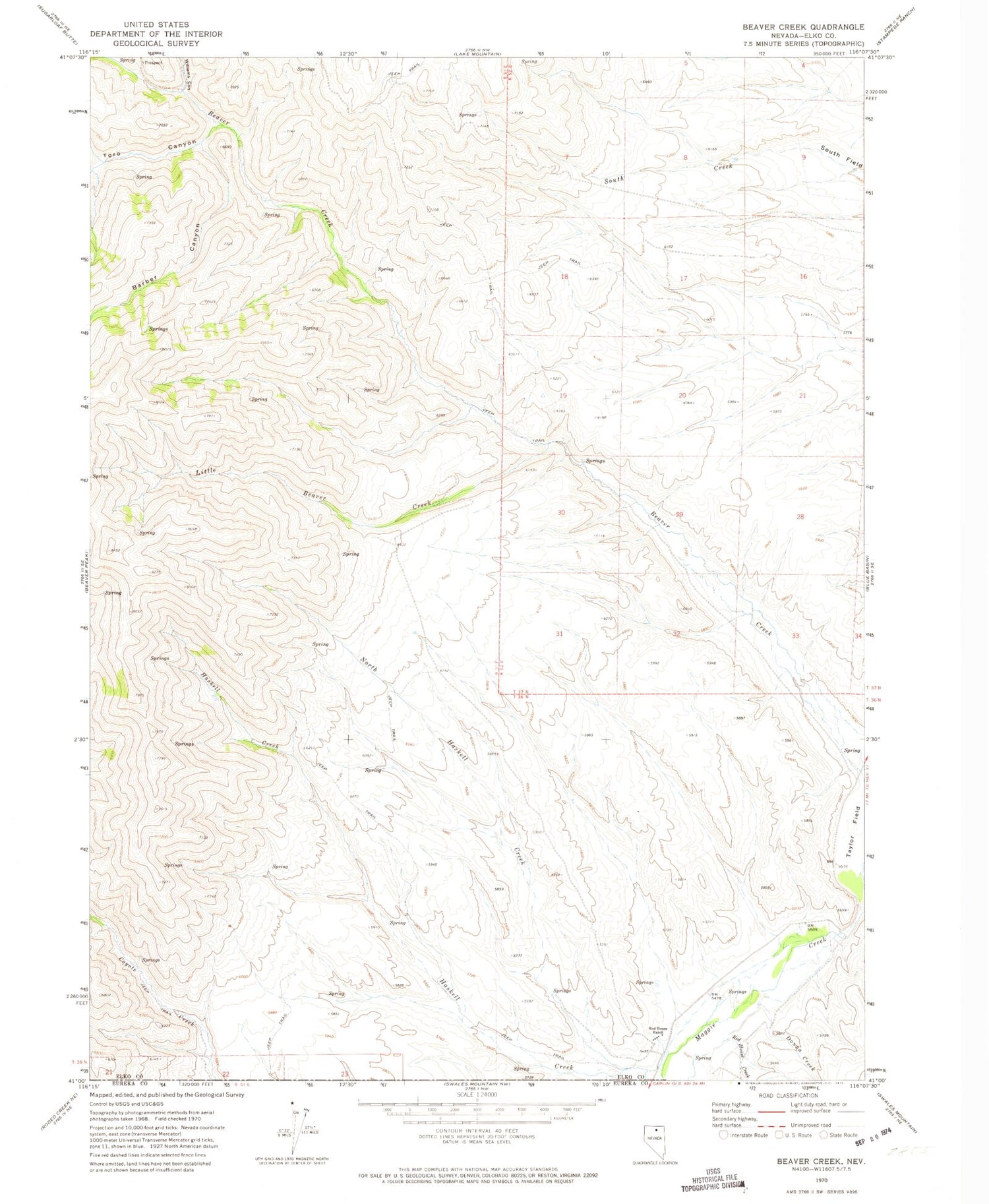Classic USGS Beaver Creek Nevada 7.5'x7.5' Topo Map Image