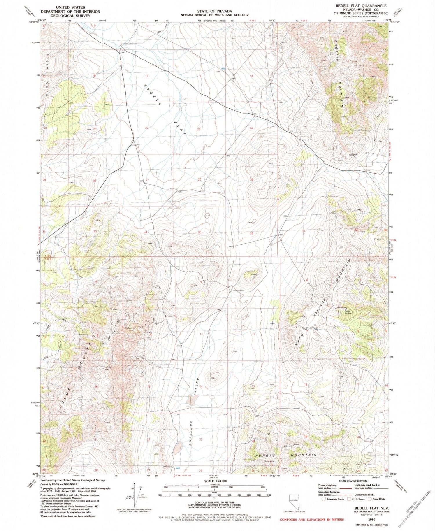 Classic USGS Bedell Flat Nevada 7.5'x7.5' Topo Map Image
