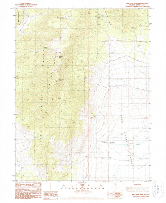Classic USGS Bellevue Peak Nevada 7.5'x7.5' Topo Map Image