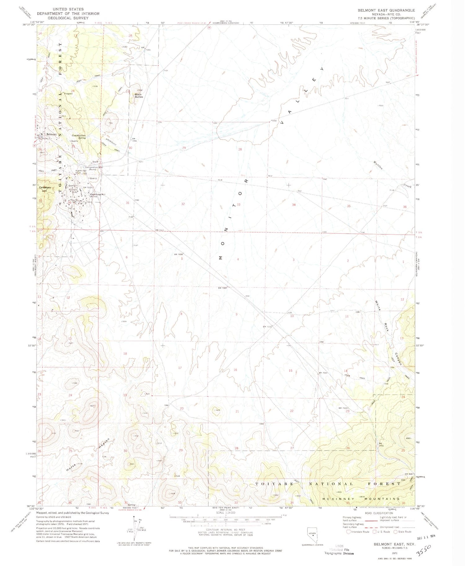 Classic USGS Belmont East Nevada 7.5'x7.5' Topo Map Image