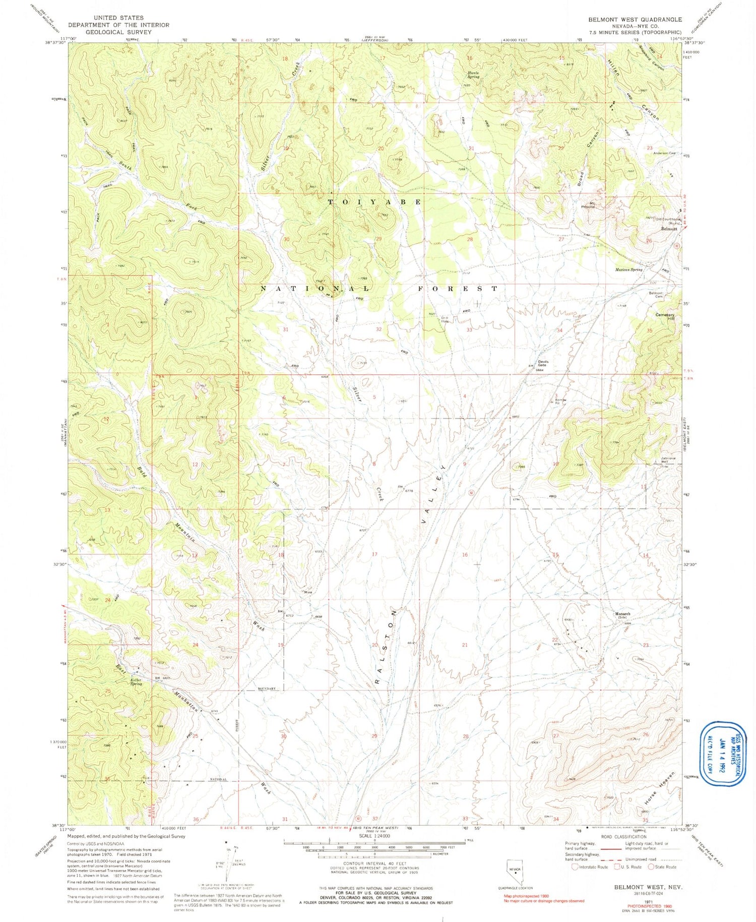 Classic USGS Belmont West Nevada 7.5'x7.5' Topo Map Image