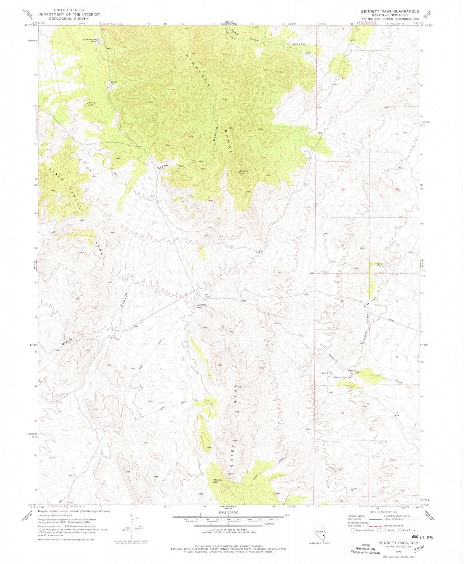 Classic USGS Bennett Pass Nevada 7.5'x7.5' Topo Map Image
