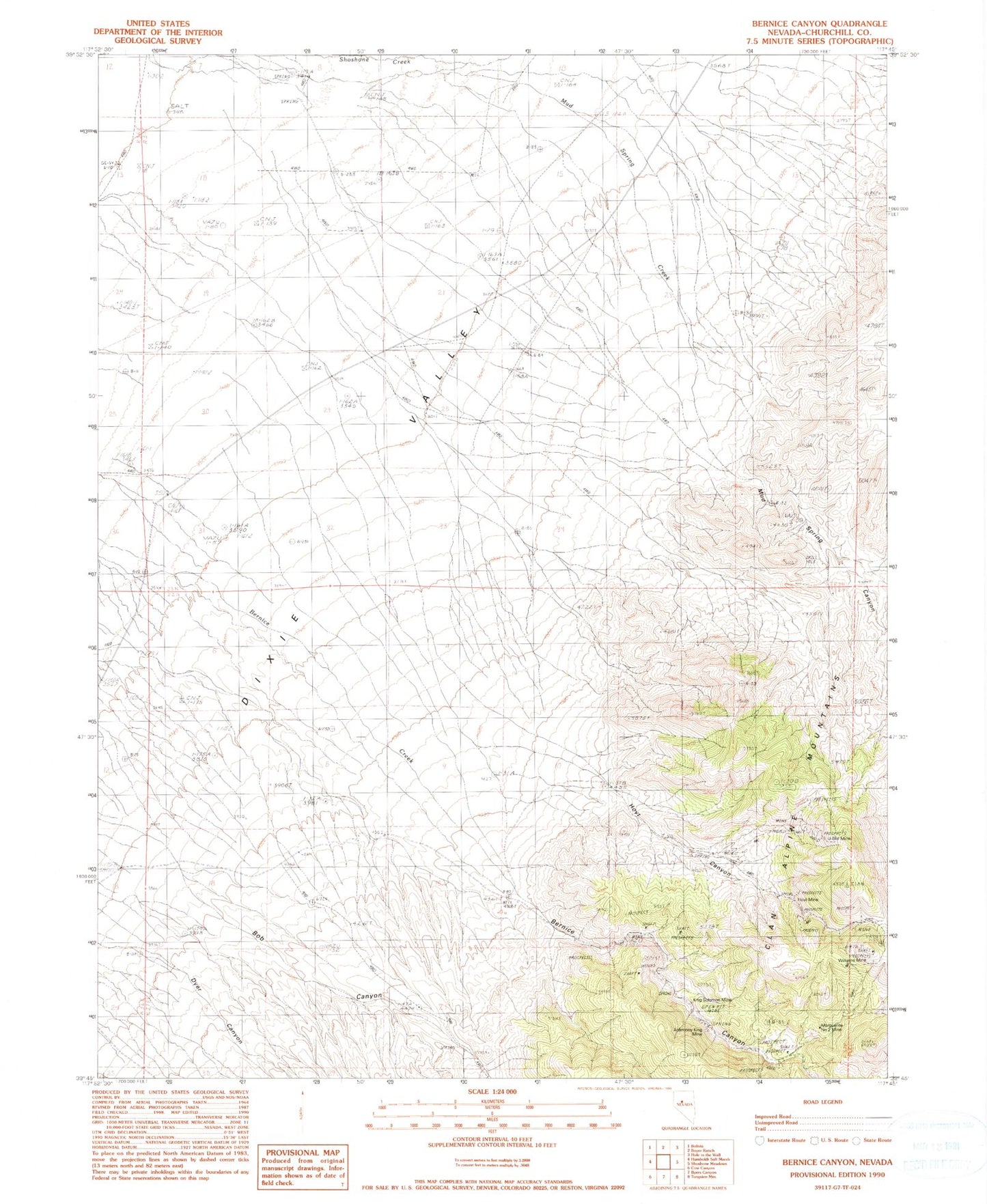 Classic USGS Bernice Canyon Nevada 7.5'x7.5' Topo Map Image