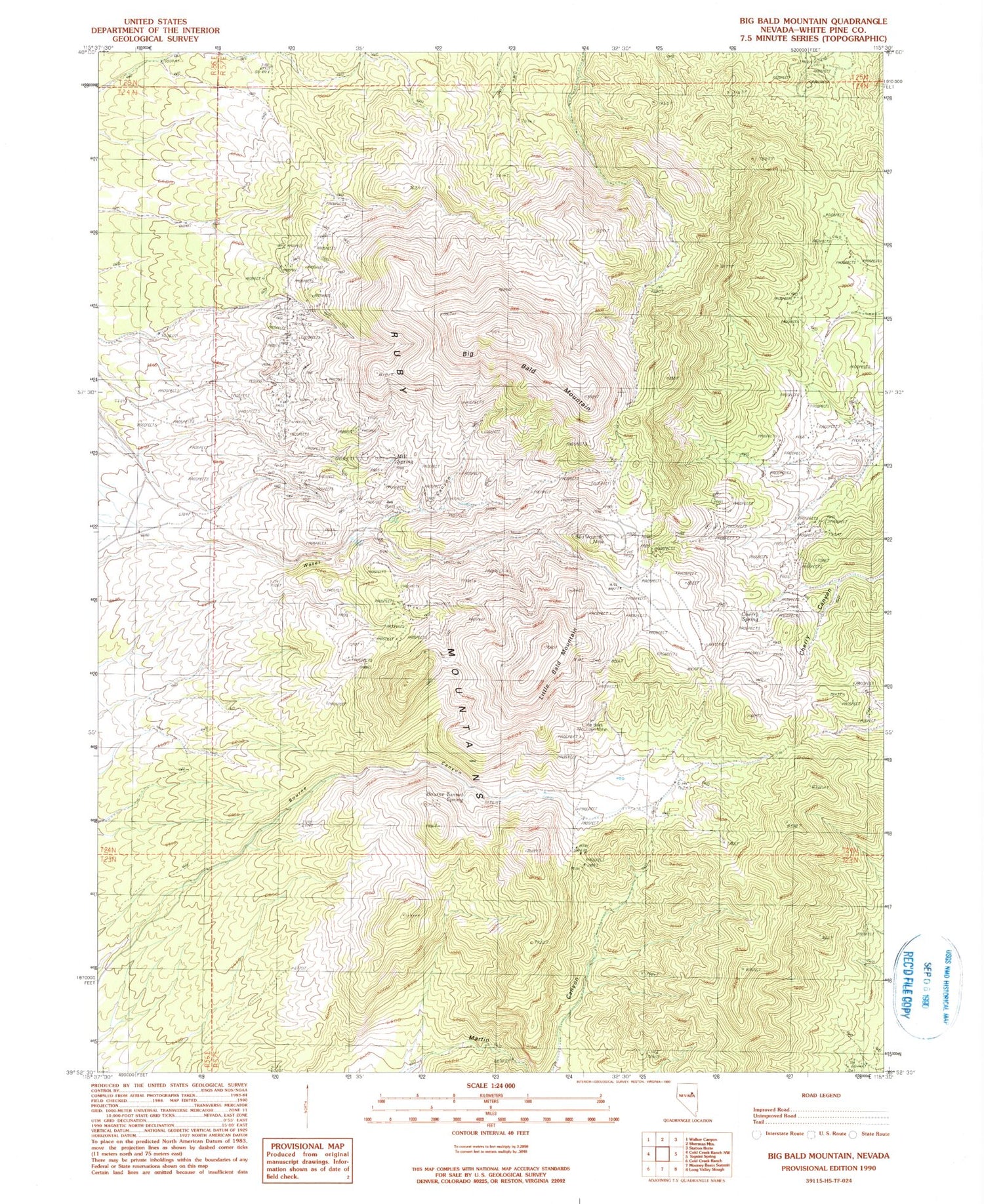 Classic USGS Big Bald Mountain Nevada 7.5'x7.5' Topo Map Image