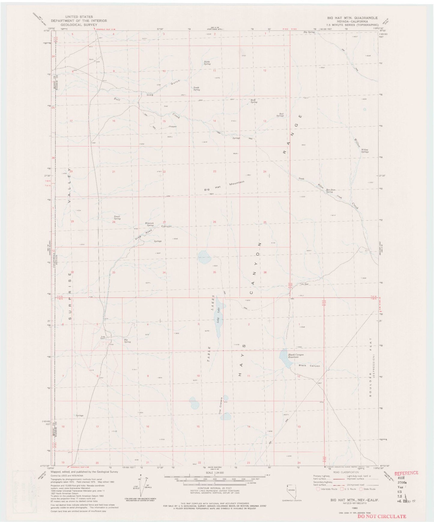 Classic USGS Big Hat Mountain Nevada 7.5'x7.5' Topo Map Image