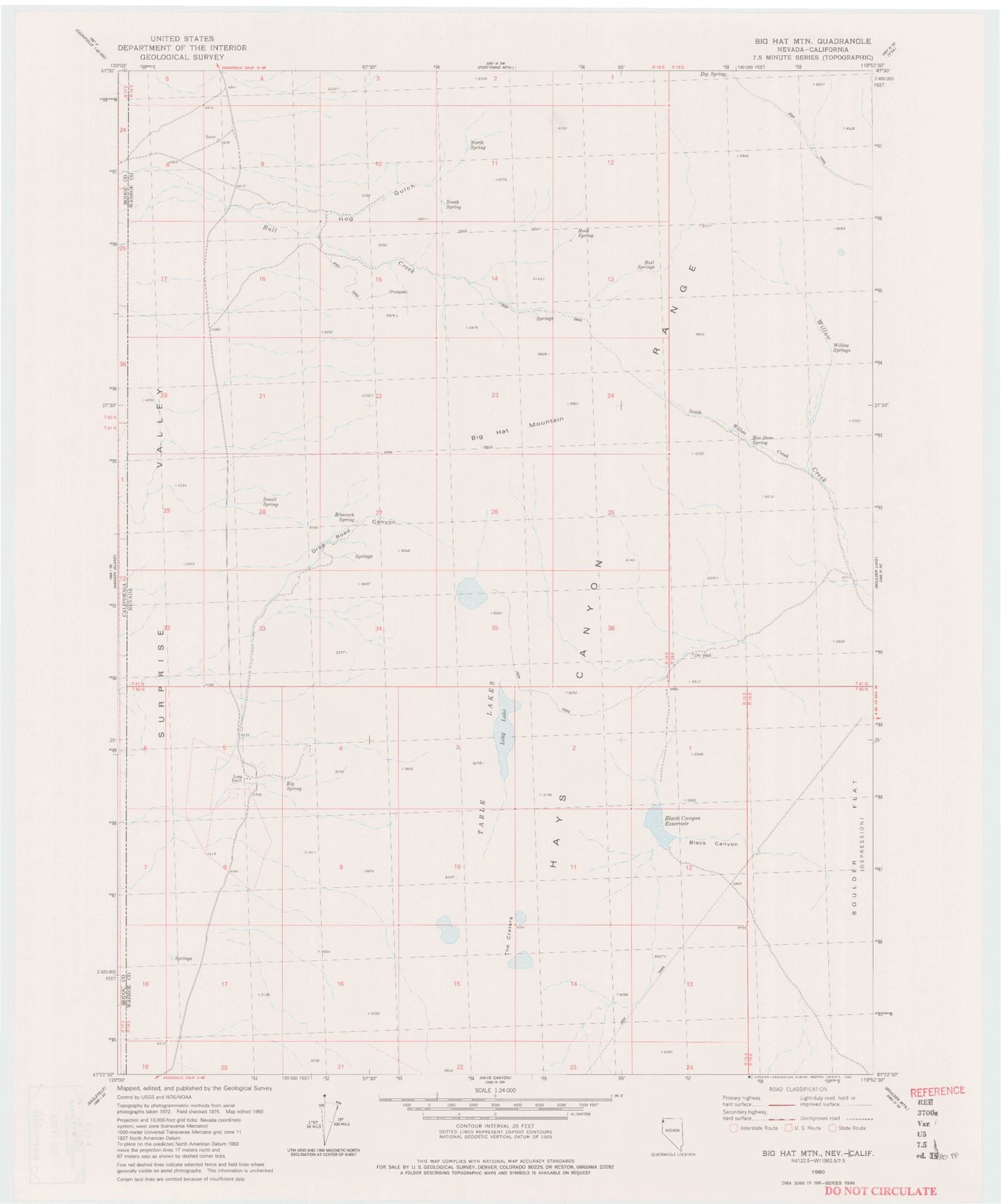 Classic USGS Big Hat Mountain Nevada 7.5'x7.5' Topo Map Image