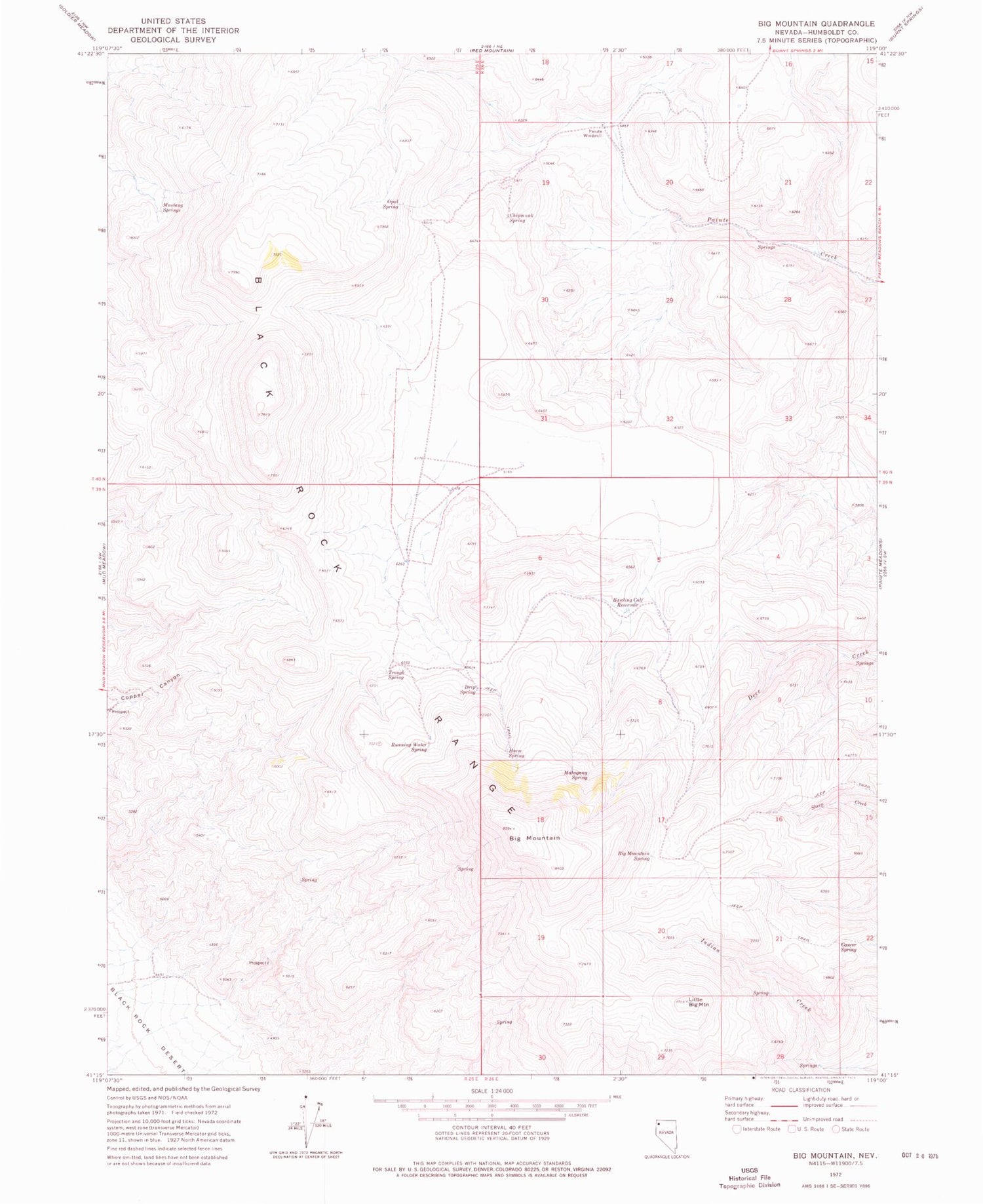 Classic USGS Big Mountain Nevada 7.5'x7.5' Topo Map Image