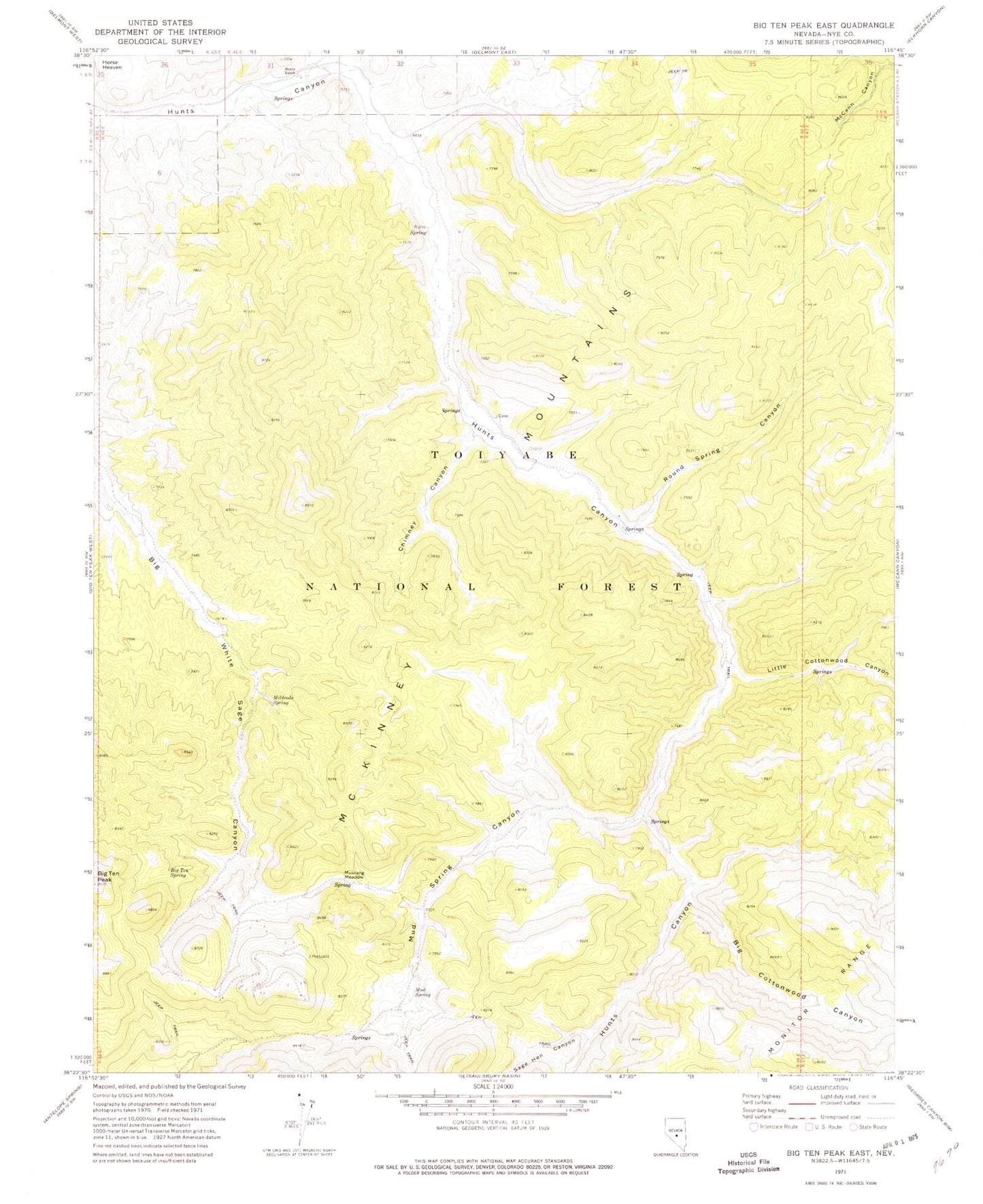 Classic USGS Big Ten Peak East Nevada 7.5'x7.5' Topo Map Image