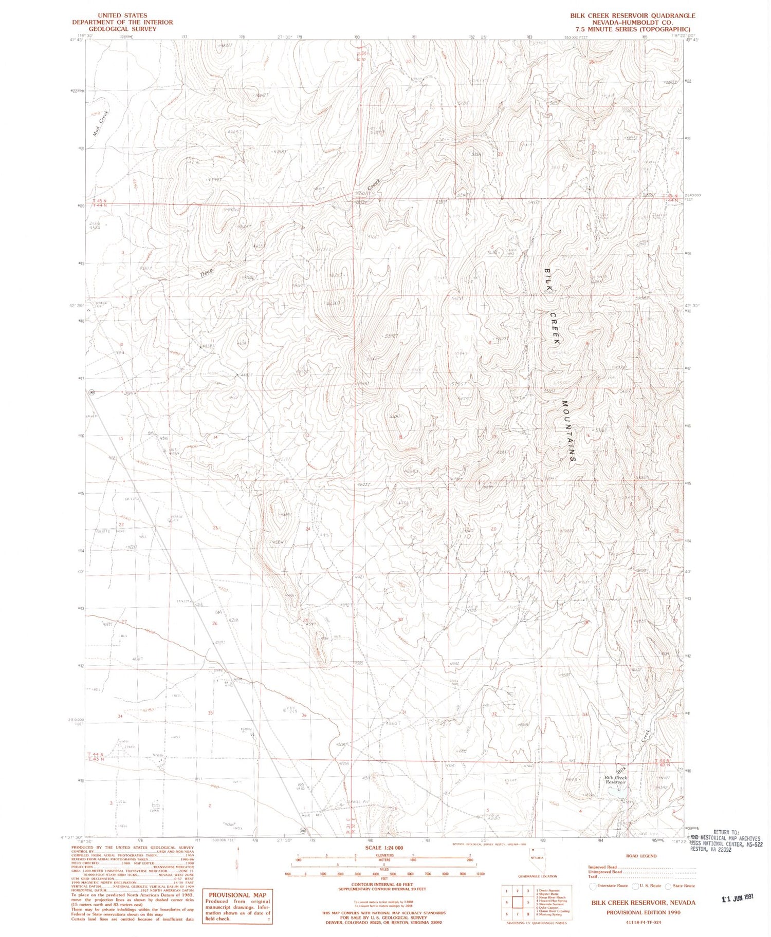 Classic USGS Bilk Creek Reservoir Nevada 7.5'x7.5' Topo Map Image