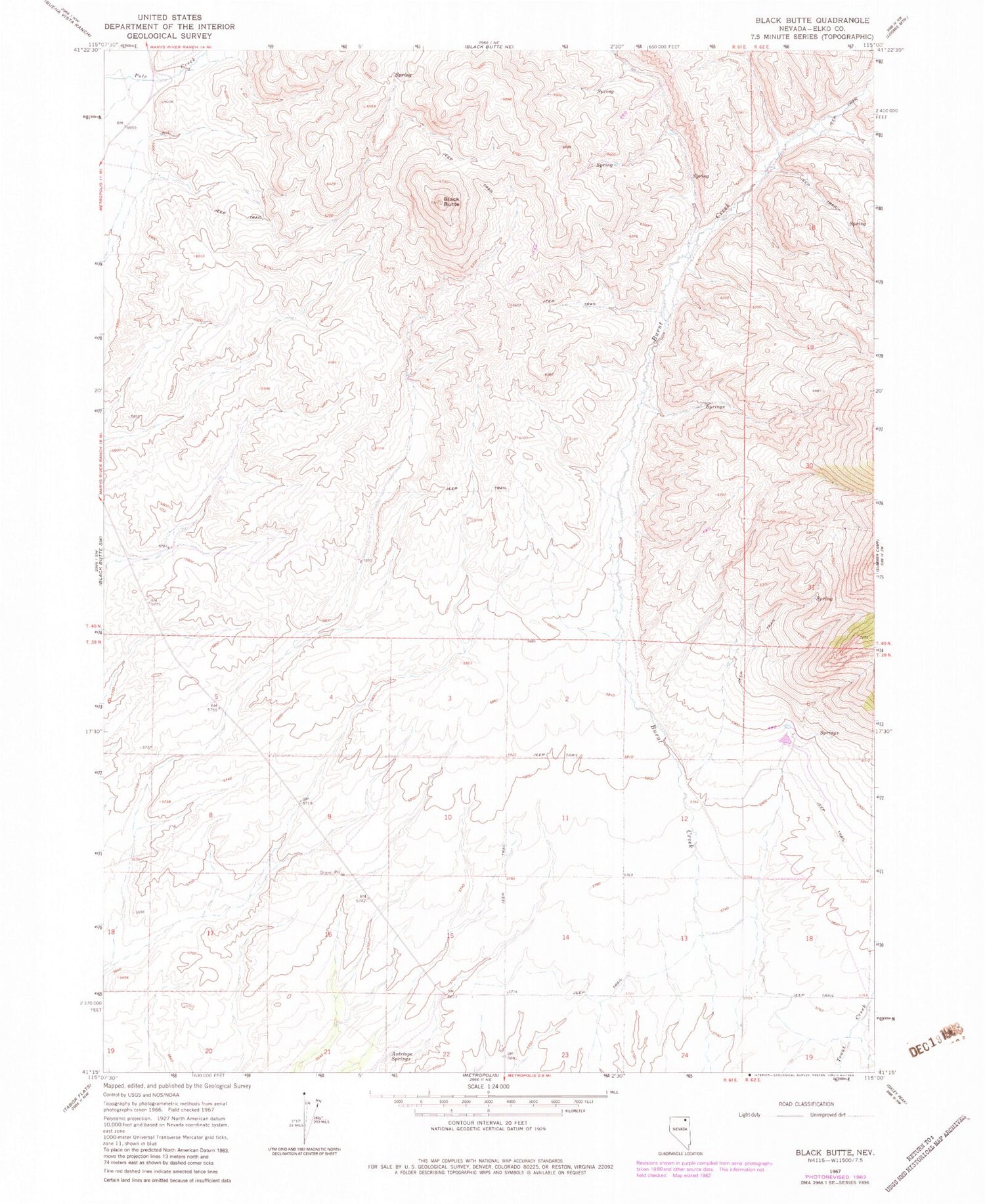 Classic USGS Black Butte Nevada 7.5'x7.5' Topo Map Image
