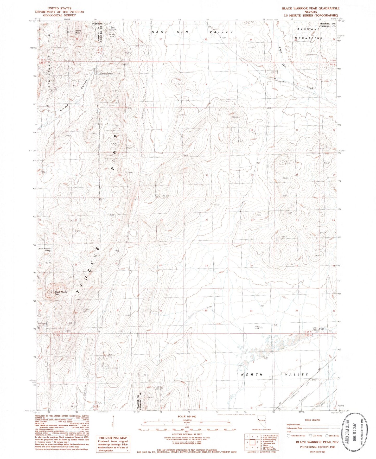 Classic USGS Black Warrior Peak Nevada 7.5'x7.5' Topo Map Image