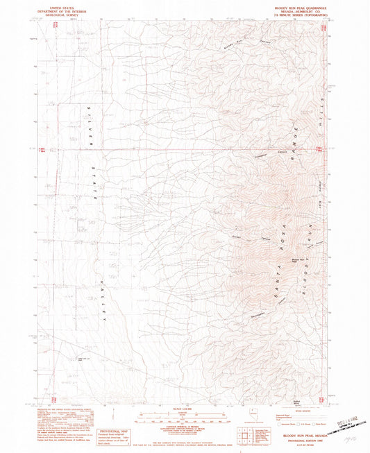 Classic USGS Bloody Run Peak Nevada 7.5'x7.5' Topo Map Image
