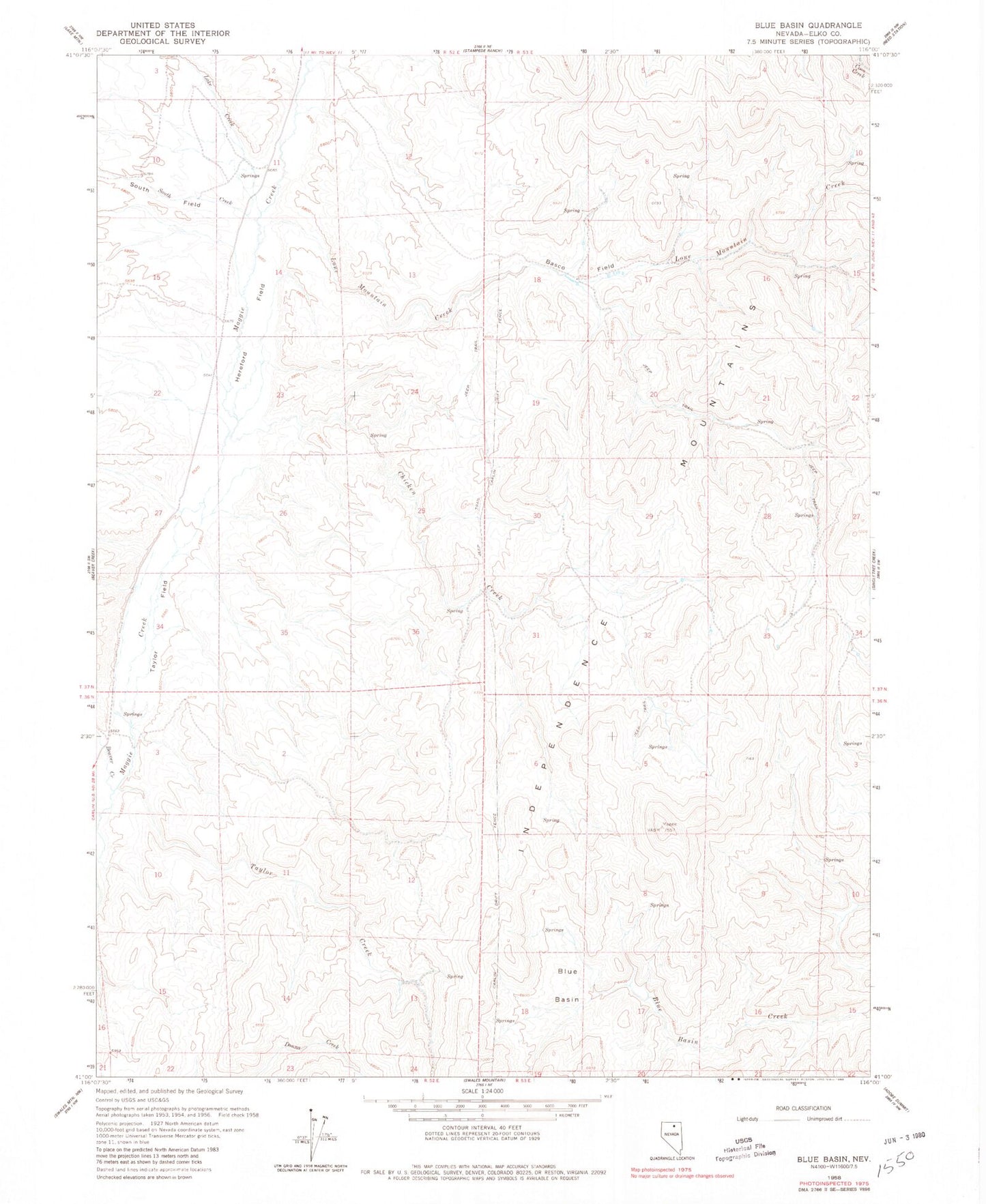 Classic USGS Blue Basin Nevada 7.5'x7.5' Topo Map Image