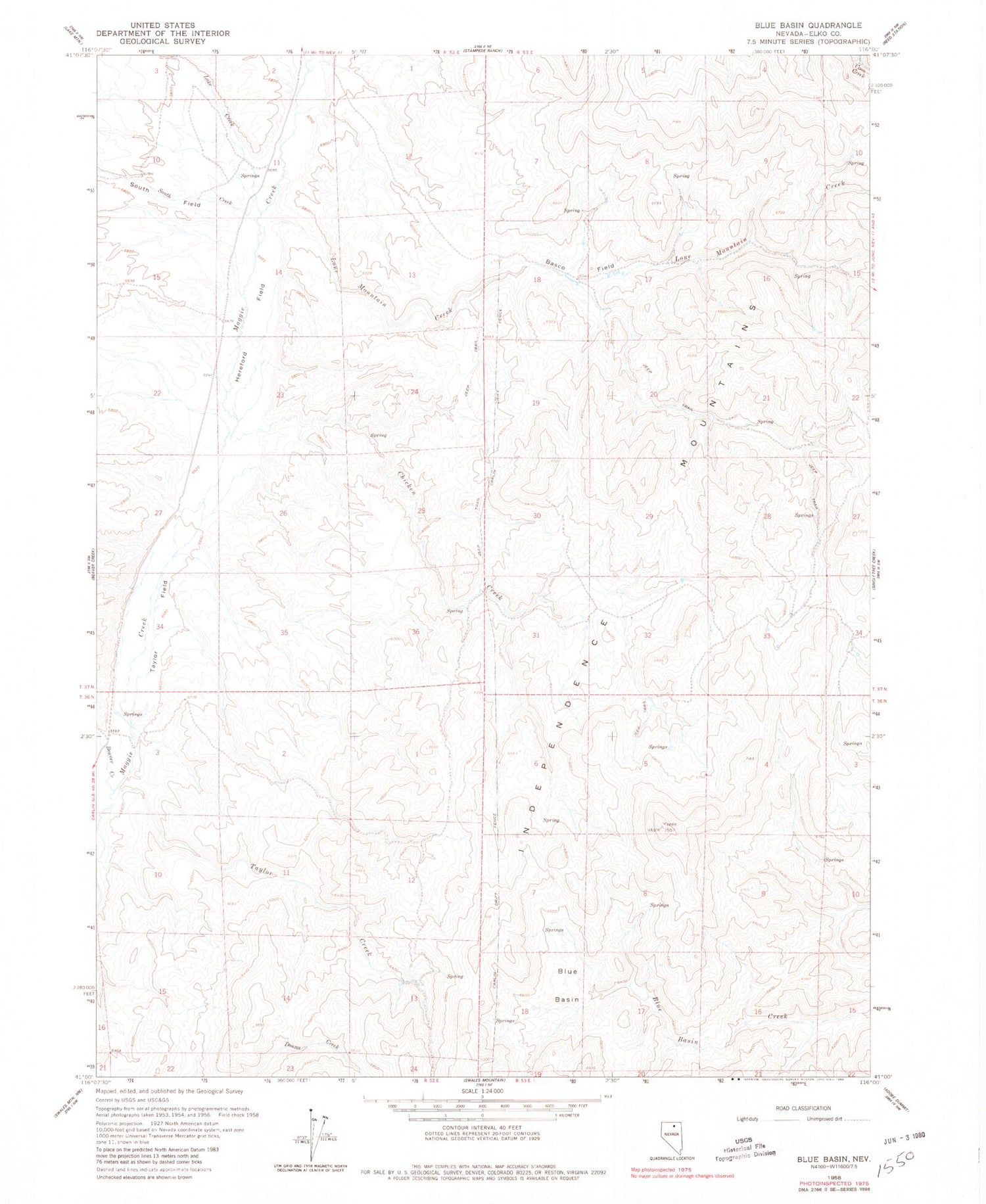 Classic USGS Blue Basin Nevada 7.5'x7.5' Topo Map Image