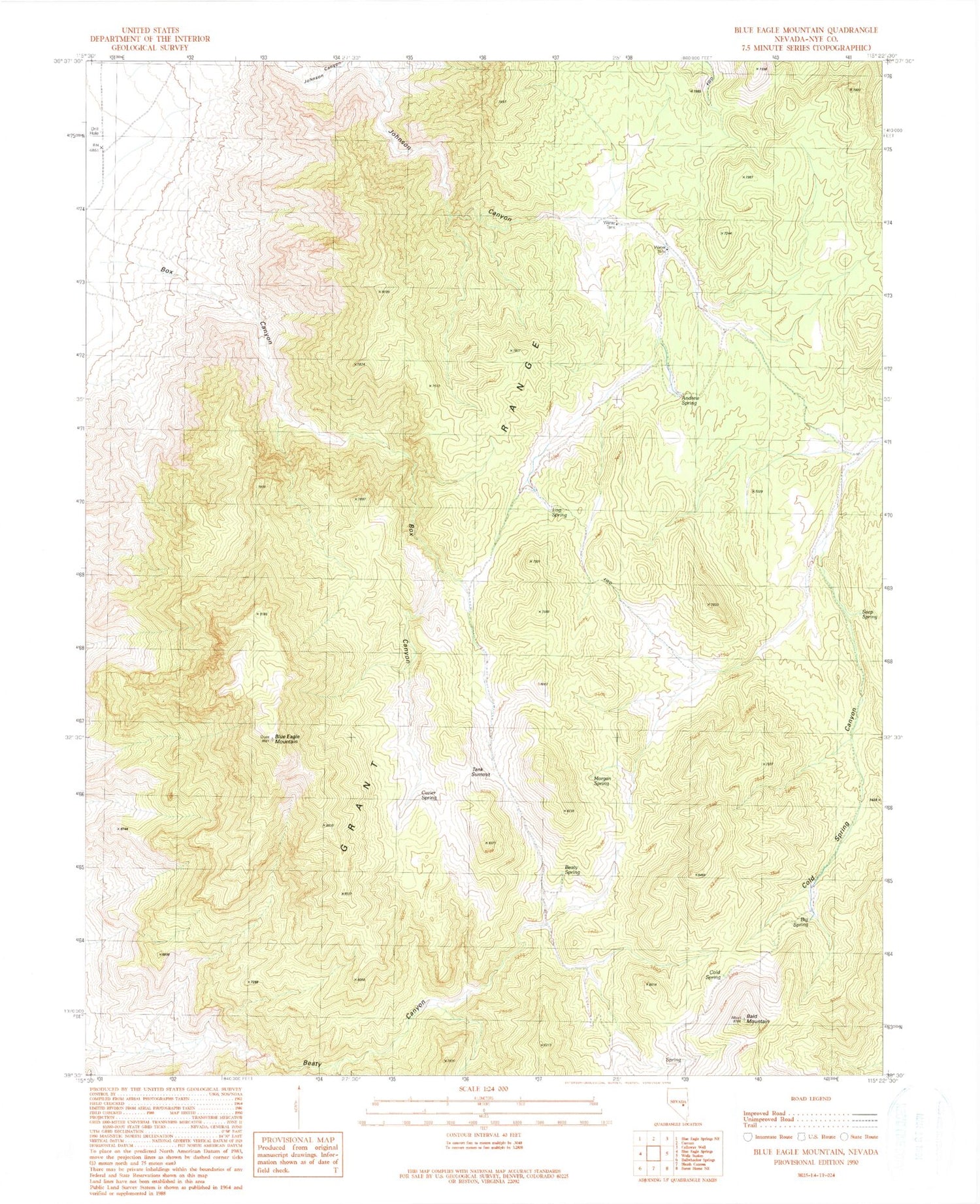 Classic USGS Blue Eagle Mountain Nevada 7.5'x7.5' Topo Map Image