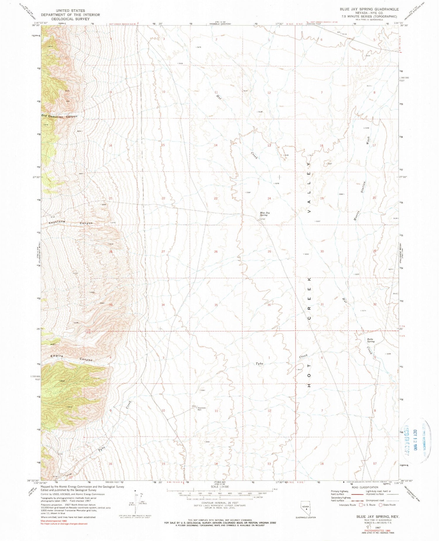 Classic USGS Blue Jay Spring Nevada 7.5'x7.5' Topo Map Image