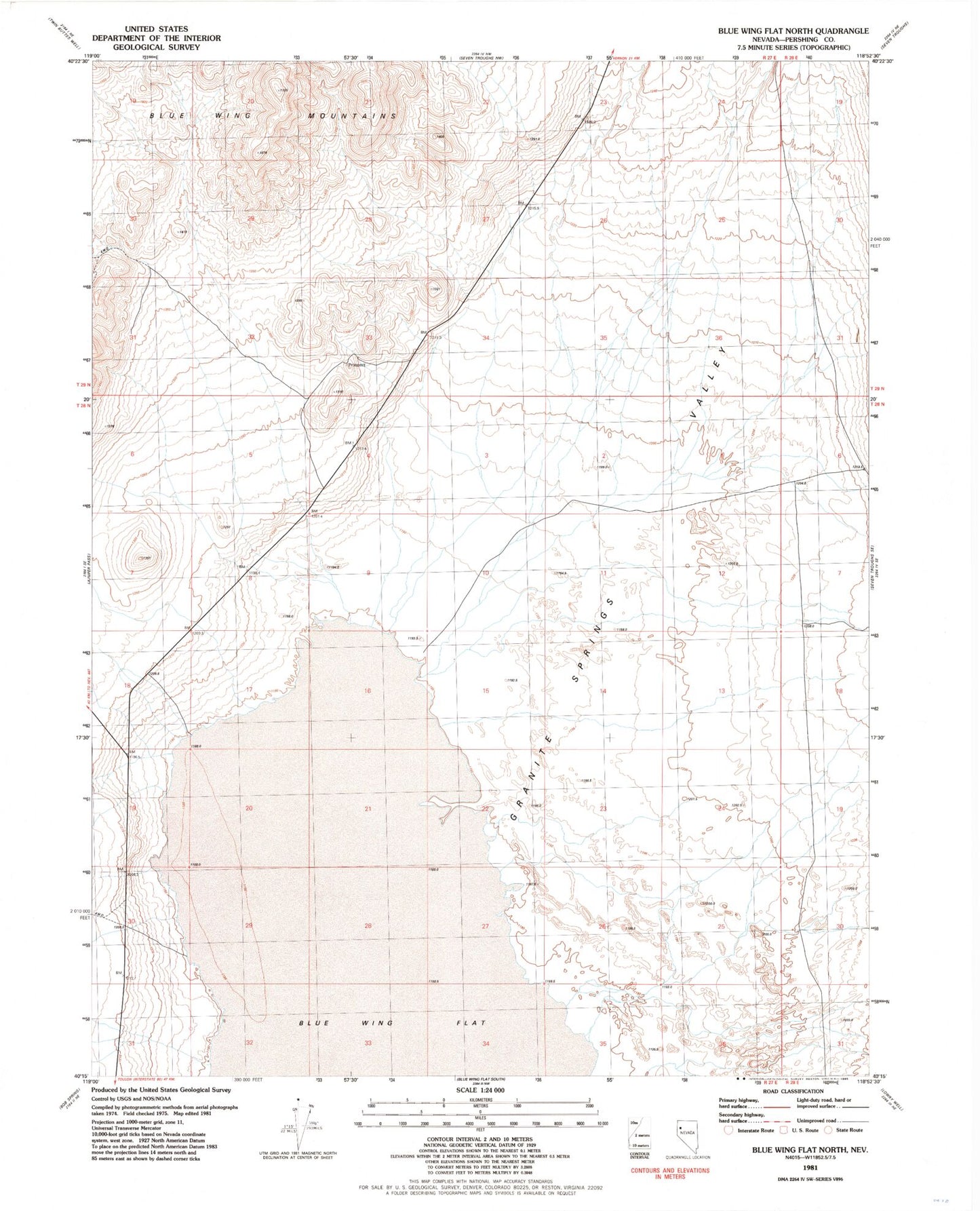 Classic USGS Blue Wing Flat North Nevada 7.5'x7.5' Topo Map Image