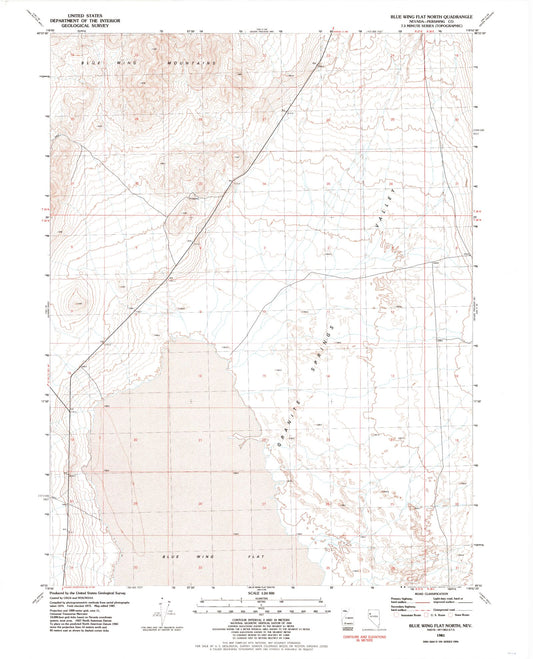 Classic USGS Blue Wing Flat North Nevada 7.5'x7.5' Topo Map Image