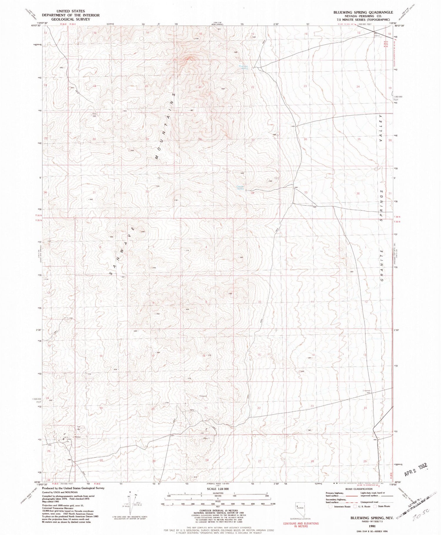 Classic USGS Bluewing Spring Nevada 7.5'x7.5' Topo Map Image