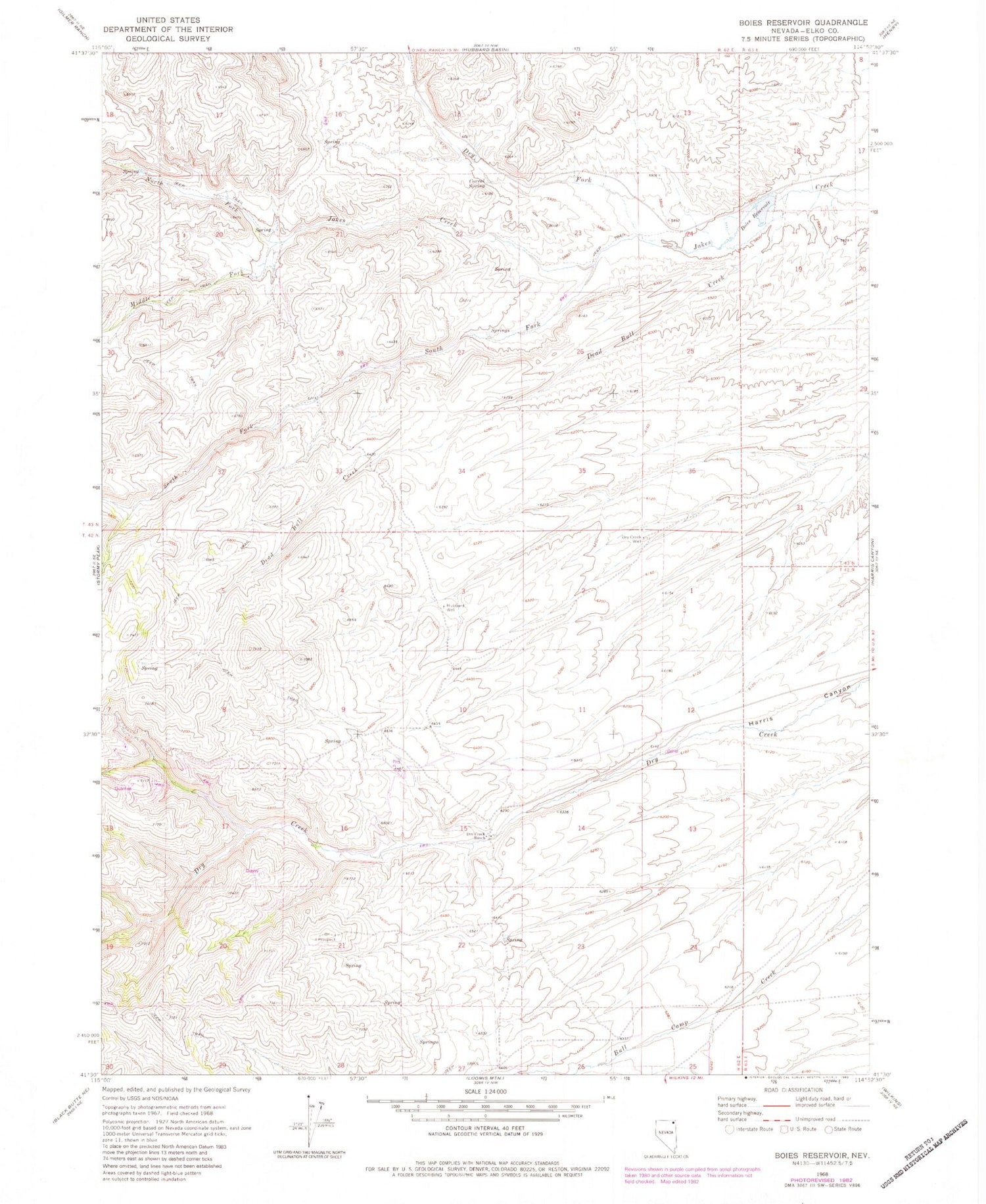 Classic USGS Boies Reservoir Nevada 7.5'x7.5' Topo Map Image