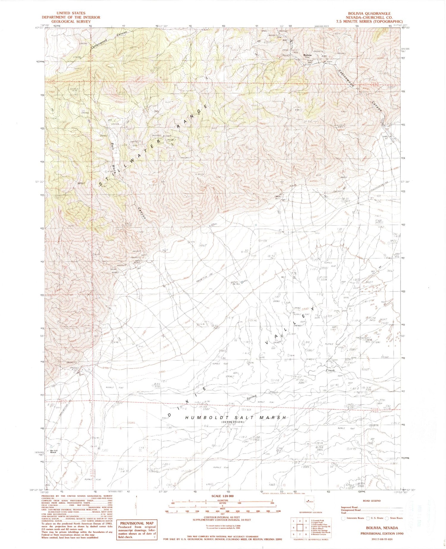 Classic USGS Bolivia Nevada 7.5'x7.5' Topo Map Image