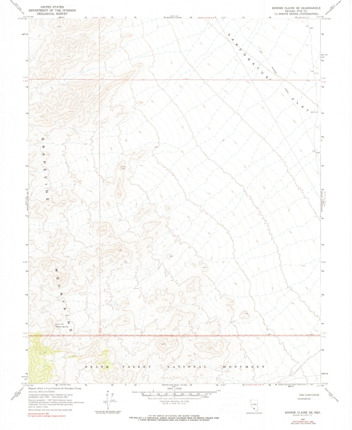 Classic USGS Bonnie Claire SE Nevada 7.5'x7.5' Topo Map Image