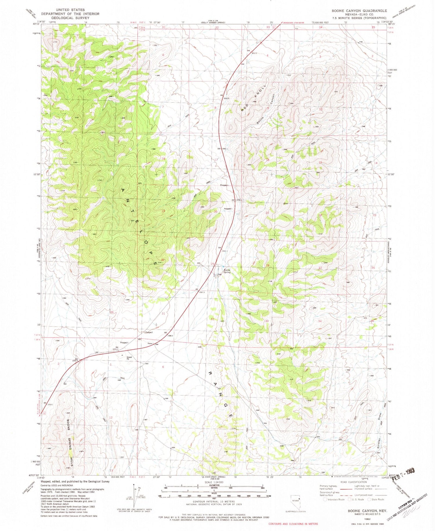 Classic USGS Boone Canyon Nevada 7.5'x7.5' Topo Map Image