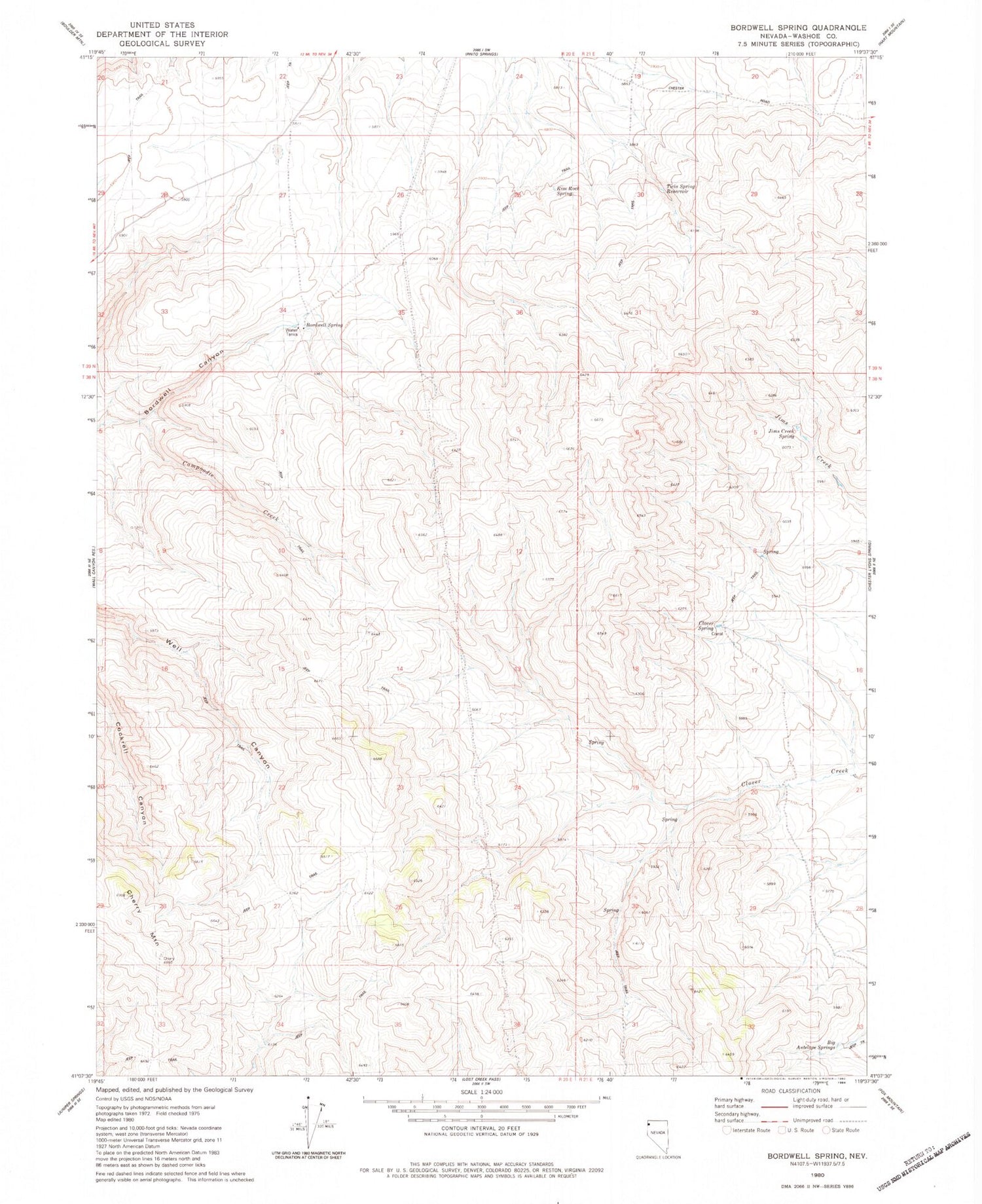 Classic USGS Bordwell Spring Nevada 7.5'x7.5' Topo Map Image