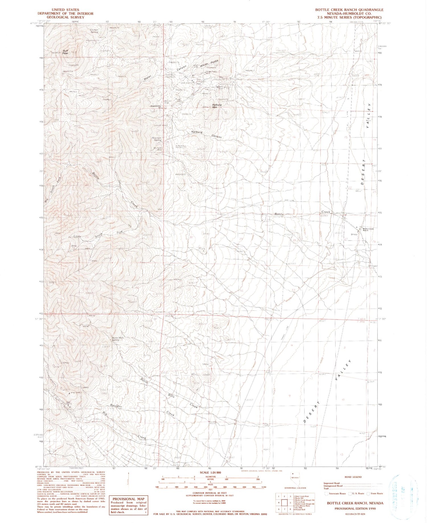 Classic USGS Bottle Creek Ranch Nevada 7.5'x7.5' Topo Map Image