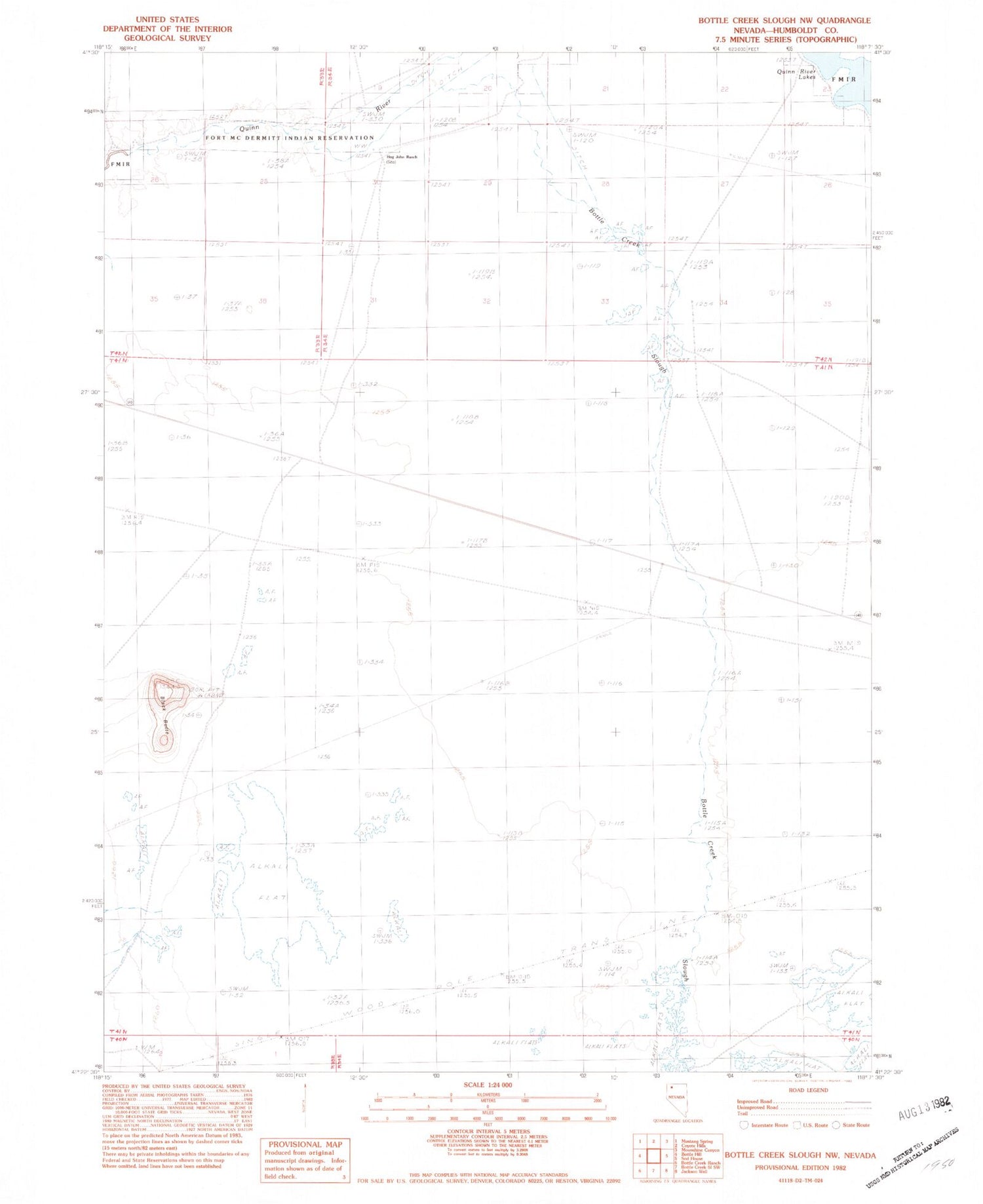 Classic USGS Bottle Creek Slough NW Nevada 7.5'x7.5' Topo Map Image